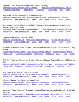 ~ 
Vegetable Seeds: A Pictorial Field Guide; by Terry A. Woodger http://books.google.com/books?id=CzCu60l2BV0C http://www.worldcat.org/oclc/747385660 
~ Google Electronic book allbookstores bookfinder search.yahoo bing google 
Vegetables: For the Irish Garden; by Klaus Laitenberger librarything.com/work/11861236 google.com/0eM9YgEACAAJ worldcat.org/oclc/750674646 
allbookstores www.bookfinder.com yahoo bing google blekko search search2 
Vegetables and Fruits: A Guide to Heirloom Varieties and Community-Based Stewardship; by National Agricultural Library http://books.google.com/books?id=twAUAAAAYAAJ http://www.worldcat.org/oclc/40474000 allbookstores www.bookfinder.com yahoo bing google blekko search search2 
Vegetables of Canada; by Derek B. Munro librarything.com/work/6267728 books.google.com/z_yezcnaUHQC worldcat.org/oclc/44961565 
allbookstores www.bookfinder.com yahoo bing google blekko search search2 
What Makes Heirloom Plants So Great: Old-Fashioned Treasures to Grow, Eat, and Admire; by Judy Barrett librarything.com/work/11496142 books.google.com/0oOj1KMYgegC worldcat.org/oclc/610466231 ~ Kindle book ~ Google Electronic book allbookstores bookfinder yahoo bing google 
Wild Crop Relatives: Genomic and Breeding Resources: Legume Crops and Forages; by Chittaranjan Kole librarything.com/work/11472286 books.google.com/kAJ_mUrdpWMC worldcat.org/oclc/710150948 ~ Kindle book ~ Nook book ~ Google Electronic book allbookstores bookfinder yahoo 
Wild Foods of the Sonoran Desert; by Kevin Dahl librarything.com/work/1691333 books.google.com/Br5QAQAAIAAJ worldcat.org/oclc/34190785 
allbookstores www.bookfinder.com yahoo bing google blekko search search2 
Wildflowers of the Fairest Cape; by Peter Goldblatt librarything.com/work/5369649 books.google.com/cPA6AQAAIAAJ worldcat.org/oclc/44869759 
allbookstores www.bookfinder.com yahoo bing google blekko search search2 
Yesterday's Ways, Tomorrow's Treasures: Heirloom Plants And Memory Banking; by by Virginia D Nazarea librarything.com/work/714614 books.google.com/UYddAAAACAAJ worldcat.org/oclc/55629997 
allbookstores www.bookfinder.com yahoo bing google blekko search search2 
 