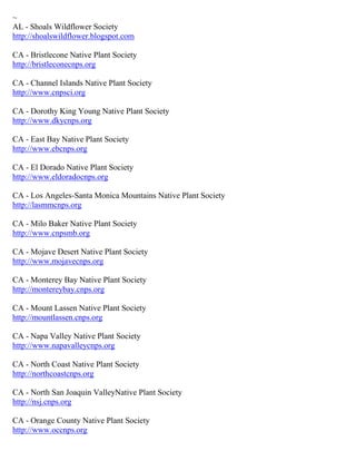 ~ AL - Shoals Wildflower Society http://shoalswildflower.blogspot.com CA - Bristlecone Native Plant Society http://bristleconecnps.org CA - Channel Islands Native Plant Society http://www.cnpsci.org CA - Dorothy King Young Native Plant Society http://www.dkycnps.org CA - East Bay Native Plant Society http://www.ebcnps.org CA - El Dorado Native Plant Society http://www.eldoradocnps.org CA - Los Angeles-Santa Monica Mountains Native Plant Society http://lasmmcnps.org CA - Milo Baker Native Plant Society http://www.cnpsmb.org CA - Mojave Desert Native Plant Society http://www.mojavecnps.org CA - Monterey Bay Native Plant Society http://montereybay.cnps.org CA - Mount Lassen Native Plant Society http://mountlassen.cnps.org CA - Napa Valley Native Plant Society http://www.napavalleycnps.org CA - North Coast Native Plant Society http://northcoastcnps.org CA - North San Joaquin ValleyNative Plant Society http://nsj.cnps.org CA - Orange County Native Plant Society http://www.occnps.org  