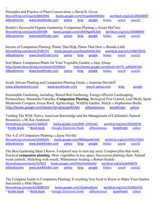 ~ 
Principles and Practice of Plant Conservation; by David R. Given librarything.com/work/8843936 books.google.com/tHvwAAAAMAAJ worldcat.org/oclc/28338097 
allbookstores www.bookfinder.com yahoo bing google blekko search search2 
Rodale's Successful Organic Gardening: Companion Planting; by Susan McClure librarything.com/work/204704 books.google.com/nRdVNgAACAAJ worldcat.org/oclc/29388690 
allbookstores www.bookfinder.com yahoo bing google blekko search search2 
Secrets of Companion Planting: Plants That Help, Plants That Hurt; by Brenda Little librarything.com/work/2596731 books.google.com/byjoAAAACAAJ worldcat.org/oclc/148670035 
allbookstores www.bookfinder.com yahoo bing google blekko search search2 
Soil Mates: Companion Plants for Your Vegetable Garden; by Sara Alway http://www.librarything.com/work/10746015 http://books.google.com/books?id=TV_wRQAACAAJ 
allbookstores www.bookfinder.com yahoo bing google blekko search search2 
South African Planting and Companion Planting Guide; by Jeannine Davidoff www.allbookstores.com www.bookfinder.com search.yahoo.com bing google 
Sustainable Gardening, including: Raised Bed Gardening, Energy-efficient Landscaping, Permaculture, Masanobu Fukuoka, Companion Planting, Biological Pest Control, Leaf Mold, Spent Mushroom Compost, Green Roof, Agroecology, Wildlife Garden, Mulch; by Hephaestus Books http://books.google.com/books?id=qhaLtgAACAAJ allbookstores bookfinder yahoo 
Tending The Wild: Native American Knowledge and the Management of California's Natural Resources; by M. Kat Anderson librarything.com/work/1300650 books.google.com/WM--vVFtnvkC worldcat.org/oclc/56103978 
~ Kindle book ~ Nook book ~ Google Electronic book allbookstores bookfinder yahoo 
The A-Z of Companion Planting; by Jayne Neville librarything.com/work/10584295 books.google.com/f80bQwAACAAJ worldcat.org/oclc/495273643 
allbookstores www.bookfinder.com yahoo bing google blekko search search2 
The Best Gardening Ideas I Know: Foolproof way to start any seed, Compost piles that work, Practical companion planting, More vegetables in less space, Succession planting chart, Natural weed controls, Mulching with weeds, Midsummer feeding; by Robert Rodale librarything.com/work/767913 books.google.com/H3esPwAACAAJ worldcat.org/oclc/6449670 
allbookstores www.bookfinder.com yahoo bing google blekko search search2 
The Complete Guide to Companion Planting: Everything You Need to Know to Make Your Garden Successful; by Dale Mayer librarything.com/work/10080769 books.google.com/32xpkvpXyvIC worldcat.org/oclc/316834155 
~ Kindle book ~ Nook book ~ Google Electronic book allbookstores bookfinder yahoo 
 