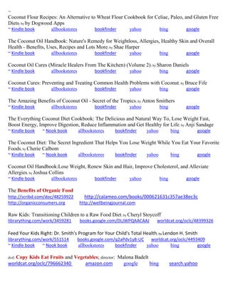 ~ 
Coconut Flour Recipes: An Alternative to Wheat Flour Cookbook for Celiac, Paleo, and Gluten Free Diets; by by Dogwood Apps 
~ Kindle book allbookstores bookfinder yahoo bing google 
The Coconut Oil Handbook: Nature's Remedy for Weightloss, Allergies, Healthy Skin and Overall Health - Benefits, Uses, Recipes and Lots More; by Shae Harper 
~ Kindle book allbookstores bookfinder yahoo bing google 
Coconut Oil Cures (Miracle Healers From The Kitchen) (Volume 2); by Sharon Daniels 
~ Kindle book allbookstores bookfinder yahoo bing google 
Coconut Cures: Preventing and Treating Common Health Problems with Coconut; by Bruce Fife 
~ Kindle book allbookstores bookfinder yahoo bing google 
The Amazing Benefits of Coconut Oil - Secret of the Tropics; by Anton Smithers 
~ Kindle book allbookstores bookfinder yahoo bing google 
The Everything Coconut Diet Cookbook: The Delicious and Natural Way To, Lose Weight Fast, Boost Energy, Improve Digestion, Reduce Inflammation and Get Healthy for Life; by Anji Sandage 
~ Kindle book ~ Nook book allbookstores bookfinder yahoo bing google 
The Coconut Diet: The Secret Ingredient That Helps You Lose Weight While You Eat Your Favorite Foods; by Cherie Calbom 
~ Kindle book ~ Nook book allbookstores bookfinder yahoo bing google 
Coconut Oil Handbook:Lose Weight, Renew Skin and Hair, Improve Cholesterol, and Alleviate Allergies; by Joshua Collins 
~ Kindle book allbookstores bookfinder yahoo bing google 
The Benefits of Organic Food 
http://scribd.com/doc/48259922 http://calameo.com/books/000621631c357ae38ec3c http://organicconsumers.org http://wellbeingjournal.com 
Raw Kids: Transitioning Children to a Raw Food Diet; by Cheryl Stoycoff 
librarything.com/work/3459281 books.google.com/DLJWPQAACAAJ worldcat.org/oclc/48399326 
Feed Your Kids Right: Dr. Smith's Program for Your Child's Total Health; by Lendon H. Smith librarything.com/work/551514 books.google.com/q2aPdv1y8-UC worldcat.org/oclc/4493409 ~ Kindle book ~ Nook book allbookstores bookfinder yahoo bing google 
dvd: Copy Kids Eat Fruits and Vegetables; director: Malona Badelt 
worldcat.org/oclc/796662340 amazon.com google bing search.yahoo 
 