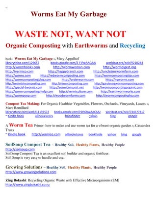 ~ 
Worms Eat My Garbage 
WASTE NOT, WANT NOT 
Organic Composting with Earthworms and Recycling 
book: Worms Eat My Garbage; by Mary Appelhof 
librarything.com/129657 books.google.com/Z-FjPwAACAAJ worldcat.org/oclc/9210284 
http://wormbooks.com http://wormwoman.com http://wormdigest.org 
http://vermico.com http://happydranch.com http://unclejimswormfarm.com http://worms.com http://redwormcomposting.com http://wormcompostingtips.com 
http://wormcompostingblog.com http://orderworms.com http://nyworms.com 
http://wormbincomposting.com http://vermicomposting.com http://gardeningwormcomposting.com 
http://special-tworms.com http://vermicompost.net http://wormcompostingorganic.com 
http://worm-composting-help.com http://vermiculture.com http://earthwormworks.com 
http://wormpoop.com http://woodwormfarms.com http://wormcompostinghq.com 
Compost Tea Making: For Organic Healthier Vegetables, Flowers, Orchards, Vineyards, Lawns; by Marc Remillard librarything.com/work/11197572 books.google.com/PZHObwAACAAJ worldcat.org/oclc/744677817 
~ Kindle book allbookstores bookfinder yahoo bing google 
A Worm Tea Primer: how to make and use worm tea for a vibrant organic garden; by Cassandra Truax 
~ Kindle book http://vermico.com allbookstores bookfinde yahoo bing google 
SoilSoup Compost Tea ~ Healthy Soil, Healthy Plants, Healthy People 
http://soilsoup.com 
SoilSoup Compost Tea is an excellent soil builder and organic fertilizer. 
Soil Soup is very easy to handle and use. 
Growing Solutions ~ Healthy Soil, Healthy Plants, Healthy People 
http://www.growingsolutions.com 
Zing Bokashi: Recycling Organic Waste with Effective Microorganisms (EM) 
http://www.zingbokashi.co.nz 
 