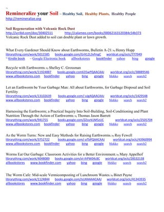 ~ 
Remineralize your Soil ~ Healthy Soil, Healthy Plants, Healthy People 
http://remineralize.org 
Soil Regeneration with Volcanic Rock Dust 
http://scribd.com/doc/30402511 http://calameo.com/books/00062163120384c54b373 
Volcanic Rock Dust added to soil can double plant or lawn growth. 
What Every Gardener Should Know about Earthworms, Bulletin A-21; by Henry Hopp librarything.com/work/5011585 books.google.com/GrX12L3vfmgC worldcat.org/oclc/777949 ~ Kindle book ~ Google Electronic book allbookstores bookfinder yahoo bing google 
Recycle with Earthworms; by Shelley C. Grossman librarything.com/work/11924887 books.google.com635wPQAACAAJ worldcat.org/oclc/38889546 www.allbookstores.com bookfinder yahoo bing google blekko search search2 
Let an Earthworm be Your Garbage Man: All about Earthworms, for Garbage Disposal and Soil Fertility librarything.com/work/13102639 books.google.com/-vJgAQAACAAJ worldcat.org/oclc/1429548 www.allbookstores.com bookfinder yahoo bing google blekko search search2 
Harnessing the Earthworm; a Practical Inquiry Into Soil-Building, Soil-Conditioning and Plant Nutrition Through the Action of Earthworms; by Thomas Jason Barrett librarything.com/work/941755 books.google.com/ZZssrk1M5zUC worldcat.org/oclc/2505704 www.allbookstores.com bookfinder yahoo bing google blekko search search2 
As the Worm Turns: New and Easy Methods for Raising Earthworms; by Roy Fewell librarything.com/work/3752722 books.google.com/-aTbPQAACAAJ worldcat.org/oclc/43960994 www.allbookstores.com bookfinder yahoo bing google blekko search search2 
Worms Eat Our Garbage: Classroom Activities for a Better Environment; by Mary Appelhof librarything.com/work/4048089 books.google.com/vI-ihPW04c8C worldcat.org/oclc/28532138 
allbookstores www.bookfinder.com yahoo bing google blekko search search2 
The Worm Cafe: Mid-scale Vermicomposting of Lunchroom Wastes; by Binet Payne librarything.com/work/1124844 books.google.com/IsUKAAAACAAJ worldcat.org/oclc/41343935 
allbookstores www.bookfinder.com yahoo bing google blekko search search2 
 