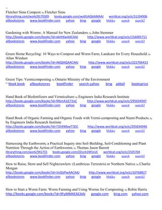 ~ Fletcher Sims Compost; by Fletcher Sims librarything.com/work/8170309 books.google.com/wo0UAQAAMAAJ worldcat.org/oclc/31294906 
allbookstores www.bookfinder.com yahoo bing google blekko search search2 
Gardening with Worms: A Manual for New Zealanders; by John Stemmer http://books.google.com/books?id=xbHtXwAACAAJ http://www.worldcat.org/oclc/156005711 allbookstores www.bookfinder.com yahoo bing google blekko search search2 
Green Home Recycling: 16 Ways to Compost and Worm Farm, Landcare for Every Household; by Allan Windust http://books.google.com/books?id=A6QlAQAACAAJ http://www.worldcat.org/oclc/222706413 allbookstores www.bookfinder.com yahoo bing google blekko search search2 
Green Tips: Vermicomposting; by Ontario Ministry of the Environment ~ Nook book allbookstores bookfinder search.yahoo bing addall booksprice 
Hand Book of Biofertilizers and Vermiculture; by Engineers India Research Institute http://books.google.com/books?id=fX6mA1jE72oC http://www.worldcat.org/oclc/295034947 allbookstores www.bookfinder.com yahoo bing google blekko search search2 
Hand Book of Organic Farming and Organic Foods with Vermi-composting and Neem Products; by by Engineers India Research Institute http://books.google.com/books?id=T354WbwT7ZIC http://www.worldcat.org/oclc/295034946 allbookstores www.bookfinder.com yahoo bing google blekko search search2 
Harnessing the Earthworm; a Practical Inquiry into Soil-Building, Soil-Conditioning and Plant Nutrition Through the Action of Earthworms; by Thomas Jason Barrett librarything.com/work/941755 books.google.com/ZZssrk1M5zUC worldcat.org/oclc/2505704 
allbookstores www.bookfinder.com yahoo bing google blekko search search2 
How to Raise, Store and Sell Nightcrawlers: (Lumbricus Terrestris) or Northern Native; by Charlie Morgan http://books.google.com/books?id=VnQVPwAACAAJ http://www.worldcat.org/oclc/10768827 allbookstores www.bookfinder.com yahoo bing google blekko search search2 
How to Start a Worm Farm: Worm Farming and Using Worms for Composting; by Robin Harris http://books.google.com/books?id=9FyMMAEACAAJ google.com bing.com yahoo.com  