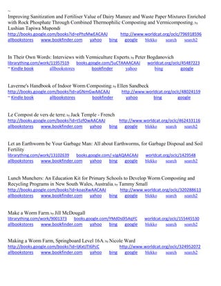 ~ 
Improving Sanitization and Fertiliser Value of Dairy Manure and Waste Paper Mixtures Enriched with Rock Phosphate Through Combined Thermophilic Composting and Vermicomposting; by Lushian Tapiwa Mupondi 
http://books.google.com/books?id=ePhzMwEACAAJ http://www.worldcat.org/oclc/796918596 
allbookstores www.bookfinder.com yahoo bing google blekko search search2 
In Their Own Words: Interviews with Vermiculture Experts; by Peter Bogdanovich librarything.com/work/11957519 books.google.com/5uCTAAAACAAJ worldcat.org/oclc/45487223 ~ Kindle book allbookstores bookfinder yahoo bing google 
Laverme's Handbook of Indoor Worm Composting; by Ellen Sandbeck http://books.google.com/books?id=aGNmGwAACAAJ http://www.worldcat.org/oclc/48024159 ~ Kindle book allbookstores bookfinder yahoo bing google 
Le Compost de vers de terre; by Jack Temple - French http://books.google.com/books?id=t5zfOwAACAAJ http://www.worldcat.org/oclc/462433116 allbookstores www.bookfinder.com yahoo bing google blekko search search2 
Let an Earthworm be Your Garbage Man: All about Earthworms, for Garbage Disposal and Soil Fertility librarything.com/work/13102639 books.google.com/-vJgAQAACAAJ worldcat.org/oclc/1429548 
allbookstores www.bookfinder.com yahoo bing google blekko search search2 
Lunch Munchers: An Education Kit for Primary Schools to Develop Worm Composting and Recycling Programs in New South Wales, Australia; by Tammy Small http://books.google.com/books?id=koasXwAACAAJ http://www.worldcat.org/oclc/320288613 allbookstores www.bookfinder.com yahoo bing google blekko search search2 
Make a Worm Farm; by Jill McDougall librarything.com/work/9001373 books.google.com/YMdDs0l5AqYC worldcat.org/oclc/155445530 
allbookstores www.bookfinder.com yahoo bing google blekko search search2 
Making a Worm Farm, Springboard Level 16A; by Nicole Ward http://books.google.com/books?id=ljKxtJTI6PcC http://www.worldcat.org/oclc/324952072 allbookstores www.bookfinder.com yahoo bing google blekko search search2 
 