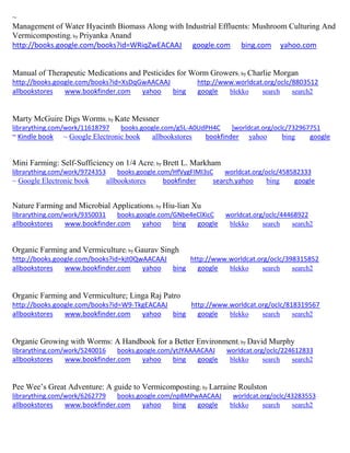 ~ 
Management of Water Hyacinth Biomass Along with Industrial Effluents: Mushroom Culturing And Vermicomposting; by Priyanka Anand 
http://books.google.com/books?id=WRiqZwEACAAJ google.com bing.com yahoo.com 
Manual of Therapeutic Medications and Pesticides for Worm Growers; by Charlie Morgan http://books.google.com/books?id=XsDqGwAACAAJ http://www.worldcat.org/oclc/8803512 allbookstores www.bookfinder.com yahoo bing google blekko search search2 
Marty McGuire Digs Worms; by Kate Messner librarything.com/work/11618797 books.google.com/g5L-A0UdPH4C ]worldcat.org/oclc/732967751 ~ Kindle book ~ Google Electronic book allbookstores bookfinder yahoo bing google 
Mini Farming: Self-Sufficiency on 1/4 Acre; by Brett L. Markham librarything.com/work/9724353 books.google.com/HfVygFIMI3sC worldcat.org/oclc/458582333 
~ Google Electronic book allbookstores bookfinder search.yahoo bing google 
Nature Farming and Microbial Applications; by Hiu-lian Xu librarything.com/work/9350031 books.google.com/GNbe4eClXicC worldcat.org/oclc/44468922 
allbookstores www.bookfinder.com yahoo bing google blekko search search2 
Organic Farming and Vermiculture; by Gaurav Singh http://books.google.com/books?id=kjt0QwAACAAJ http://www.worldcat.org/oclc/398315852 allbookstores www.bookfinder.com yahoo bing google blekko search search2 
Organic Farming and Vermiculture; Linga Raj Patro http://books.google.com/books?id=W9-TkgEACAAJ http://www.worldcat.org/oclc/818319567 allbookstores www.bookfinder.com yahoo bing google blekko search search2 
Organic Growing with Worms: A Handbook for a Better Environment; by David Murphy librarything.com/work/5240016 books.google.com/ytJYAAAACAAJ worldcat.org/oclc/224612833 
allbookstores www.bookfinder.com yahoo bing google blekko search search2 
Pee Wee’s Great Adventure: A guide to Vermicomposting; by Larraine Roulston 
librarything.com/work/6262779 books.google.com/np8MPwAACAAJ worldcat.org/oclc/43283553 
allbookstores www.bookfinder.com yahoo bing google blekko search search2 
 