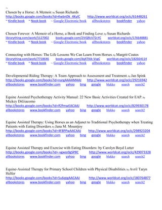 ~ Chosen by a Horse: A Memoir; by Susan Richards http://books.google.com/books?id=KwbnDk_4KyIC http://www.worldcat.org/oclc/61448261 ~ Kindle book ~ Nook book ~ Google Electronic book allbookstores bookfinder yahoo 
Chosen Forever: A Memoir of a Horse, a Book and Finding Love; by Susan Richards librarything.com/work/5127002 books.google.com/2IVQRcV72cYC worldcat.org/oclc/176648881 ~ Kindle book ~ Nook book ~ Google Electronic book allbookstores bookfinder yahoo 
Connecting with Horses: The Life Lessons We Can Learn From Horses; by Margrit Coates librarything.com/work/7718646 books.google.com/dqXTXJk-VvgC worldcat.org/oclc/182664114 ~ Kindle book ~ Nook book ~ Google Electronic book allbookstores bookfinder yahoo 
Developmental Riding Therapy: A Team Approach to Assessment and Treatment; by Jan Spink http://books.google.com/books?id=nargAAAAMAAJ http://www.worldcat.org/oclc/29216942 
allbookstores www.bookfinder.com yahoo bing google blekko search search2 
Equine Assisted Psychotherapy Activity Manual: 22 New Basic Activities Created for EAP; by Mickey DiGiacomo http://books.google.com/books?id=lf2fmwEACAAJ http://www.worldcat.org/oclc/829930178 
allbookstores www.bookfinder.com yahoo bing google blekko search search2 
Equine Assisted Therapy: Using Horses as an Adjunct to Traditional Psychotherapy when Treating Patients with Eating Disorders; by Jana M. Mountjoy http://books.google.com/books?id=4F8PPwAACAAJ http://www.worldcat.org/oclc/298923204 
allbookstores www.bookfinder.com yahoo bing google blekko search search2 
Equine Assisted Therapy and Exercise with Eating Disorders: by Carolyn Boyd Lutter http://books.google.com/books?id=-vgxeo9gSP8C http://www.worldcat.org/oclc/429073328 
allbookstores www.bookfinder.com yahoo bing google blekko search search2 
Equine-Assisted Therapy for Primary School Children with Physical Disabilities; by Avril Taryn Helfer http://books.google.com/books?id=5u6qtgAACAAJ http://www.worldcat.org/oclc/180764877 
allbookstores www.bookfinder.com yahoo bing google blekko search search2 
 