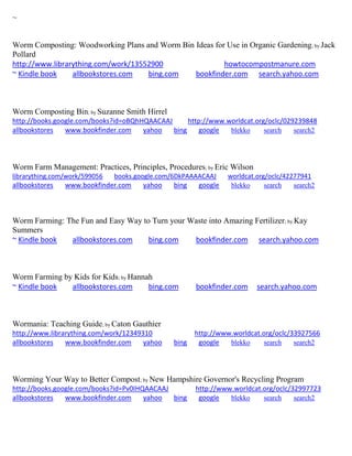 ~ 
Worm Composting: Woodworking Plans and Worm Bin Ideas for Use in Organic Gardening; by Jack Pollard 
http://www.librarything.com/work/13552900 howtocompostmanure.com 
~ Kindle book allbookstores.com bing.com bookfinder.com search.yahoo.com 
Worm Composting Bin; by Suzanne Smith Hirrel http://books.google.com/books?id=oBQhHQAACAAJ http://www.worldcat.org/oclc/029239848 allbookstores www.bookfinder.com yahoo bing google blekko search search2 
Worm Farm Management: Practices, Principles, Procedures; by Eric Wilson librarything.com/work/599056 books.google.com/6DkPAAAACAAJ worldcat.org/oclc/42277941 
allbookstores www.bookfinder.com yahoo bing google blekko search search2 
Worm Farming: The Fun and Easy Way to Turn your Waste into Amazing Fertilizer; by Kay Summers ~ Kindle book allbookstores.com bing.com bookfinder.com search.yahoo.com 
Worm Farming by Kids for Kids; by Hannah ~ Kindle book allbookstores.com bing.com bookfinder.com search.yahoo.com 
Wormania: Teaching Guide; by Caton Gauthier http://www.librarything.com/work/12349310 http://www.worldcat.org/oclc/33927566 allbookstores www.bookfinder.com yahoo bing google blekko search search2 
Worming Your Way to Better Compost; by New Hampshire Governor's Recycling Program http://books.google.com/books?id=Pv0IHQAACAAJ http://www.worldcat.org/oclc/32997723 allbookstores www.bookfinder.com yahoo bing google blekko search search2 
 