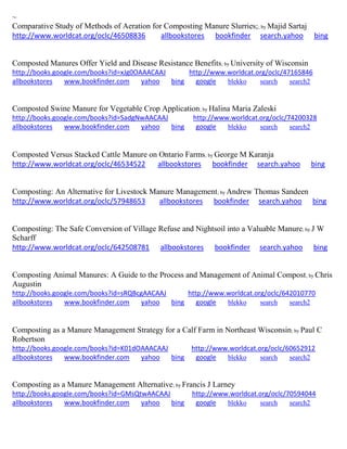 ~ 
Comparative Study of Methods of Aeration for Composting Manure Slurries;; by Majid Sartaj http://www.worldcat.org/oclc/46508836 allbookstores bookfinder search.yahoo bing 
Composted Manures Offer Yield and Disease Resistance Benefits; by University of Wisconsin http://books.google.com/books?id=xJg0OAAACAAJ http://www.worldcat.org/oclc/47165846 allbookstores www.bookfinder.com yahoo bing google blekko search search2 
Composted Swine Manure for Vegetable Crop Application; by Halina Maria Zaleski 
http://books.google.com/books?id=SadgNwAACAAJ http://www.worldcat.org/oclc/74200328 allbookstores www.bookfinder.com yahoo bing google blekko search search2 
Composted Versus Stacked Cattle Manure on Ontario Farms; by George M Karanja http://www.worldcat.org/oclc/46534522 allbookstores bookfinder search.yahoo bing 
Composting: An Alternative for Livestock Manure Management; by Andrew Thomas Sandeen http://www.worldcat.org/oclc/57948653 allbookstores bookfinder search.yahoo bing 
Composting: The Safe Conversion of Village Refuse and Nightsoil into a Valuable Manure; by J W Scharff http://www.worldcat.org/oclc/642508781 allbookstores bookfinder search.yahoo bing 
Composting Animal Manures: A Guide to the Process and Management of Animal Compost; by Chris Augustin http://books.google.com/books?id=sRQBcgAACAAJ http://www.worldcat.org/oclc/642010770 allbookstores www.bookfinder.com yahoo bing google blekko search search2 
Composting as a Manure Management Strategy for a Calf Farm in Northeast Wisconsin; by Paul C Robertson http://books.google.com/books?id=K01dOAAACAAJ http://www.worldcat.org/oclc/60652912 allbookstores www.bookfinder.com yahoo bing google blekko search search2 
Composting as a Manure Management Alternative; by Francis J Larney http://books.google.com/books?id=GMsQtwAACAAJ http://www.worldcat.org/oclc/70594044 allbookstores www.bookfinder.com yahoo bing google blekko search search2 
 