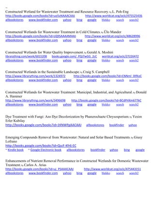 ~ Constructed Wetland for Wastewater Treatment and Resource Recovery; by L. Poh-Eng http://books.google.com/books?id=uo5vNAAACAAJ http://www.worldcat.org/oclc/475525436 allbookstores www.bookfinder.com yahoo bing google blekko search search2 
Constructed Wetlands for Wastewater Treatment in Cold Climates; by Ülo Mander http://books.google.com/books?id=LQ9SAAAAMAAJ http://www.worldcat.org/oclc/48628996 allbookstores www.bookfinder.com yahoo bing google blekko search search2 
Constructed Wetlands for Water Quality Improvement; by Gerald A. Moshiri librarything.com/work/6015208 books.google.com/_PQJ7wGG_2cC worldcat.org/oclc/27226472 
allbookstores www.bookfinder.com yahoo bing google blekko search search2 
Constructed Wetlands in the Sustainable Landscape; by Craig S. Campbell http://www.librarything.com/work/1324972 http://books.google.com/books?id=CNNml_0IfKoC allbookstores www.bookfinder.com yahoo bing google blekko search search2 
Constructed Wetlands for Wastewater Treatment: Municipal, Industrial, and Agricultural; by Donald A. Hammer http://www.librarything.com/work/3496698 http://books.google.com/books?id=BCdPHXm677kC allbookstores www.bookfinder.com yahoo bing google blekko search search2 
Dye Treatment with Fungi: Azo Dye Decolorization by Phanerochaete Chrysosporium; by Yesim Erler Kubilay http://books.google.com/books?id=1KNWPgAACAAJ allbookstores bookfinder yahoo 
Emerging Compounds Removal from Wastewater: Natural and Solar Based Treatments; by Giusy Lofrano http://books.google.com/books?id=QscF-Kfr6-EC ~ Kindle book ~ Google Electronic book allbookstores bookfinder yahoo bing google 
Enhancements of Nutrient Removal Performance in Constructed Wetlands for Domestic Wastewater Treatment; by Carlos A. Arias http://books.google.com/books?id=uj_PSAAACAAJ http://www.worldcat.org/oclc/475443151 allbookstores www.bookfinder.com yahoo bing google blekko search search2 
 