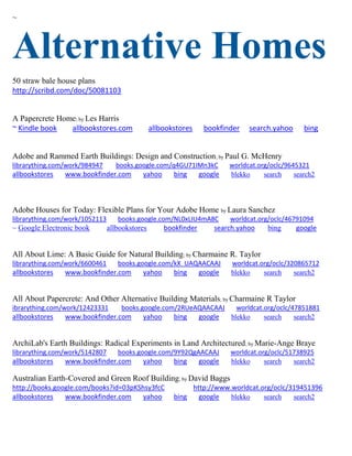 ~ 
Alternative Homes 
50 straw bale house plans 
http://scribd.com/doc/50081103 
A Papercrete Home; by Les Harris ~ Kindle book allbookstores.com allbookstores bookfinder search.yahoo bing 
Adobe and Rammed Earth Buildings: Design and Construction; by Paul G. McHenry librarything.com/work/984947 books.google.com/q4GU71IMn3kC worldcat.org/oclc/9645321 
allbookstores www.bookfinder.com yahoo bing google blekko search search2 
Adobe Houses for Today: Flexible Plans for Your Adobe Home by Laura Sanchez librarything.com/work/1052113 books.google.com/NL0xLIU4mA8C worldcat.org/oclc/46791094 ~ Google Electronic book allbookstores bookfinder search.yahoo bing google 
All About Lime: A Basic Guide for Natural Building; by Charmaine R. Taylor librarything.com/work/6600461 books.google.com/kX_UAQAACAAJ worldcat.org/oclc/320865712 
allbookstores www.bookfinder.com yahoo bing google blekko search search2 
All About Papercrete: And Other Alternative Building Materials; by Charmaine R Taylor ibrarything.com/work/12423331 books.google.com/2RUeAQAACAAJ worldcat.org/oclc/47851881 
allbookstores www.bookfinder.com yahoo bing google blekko search search2 
ArchiLab's Earth Buildings: Radical Experiments in Land Architectured; by Marie-Ange Braye librarything.com/work/5142807 books.google.com/9Y92QgAACAAJ worldcat.org/oclc/51738925 
allbookstores www.bookfinder.com yahoo bing google blekko search search2 
Australian Earth-Covered and Green Roof Building; by David Baggs http://books.google.com/books?id=03pKShsy3fcC http://www.worldcat.org/oclc/319451396 allbookstores www.bookfinder.com yahoo bing google blekko search search2 
 