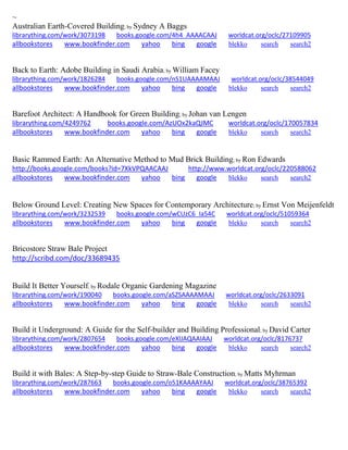 ~ 
Australian Earth-Covered Building; by Sydney A Baggs librarything.com/work/3073198 books.google.com/4h4_AAAACAAJ worldcat.org/oclc/27109905 
allbookstores www.bookfinder.com yahoo bing google blekko search search2 
Back to Earth: Adobe Building in Saudi Arabia; by William Facey librarything.com/work/1826284 books.google.com/nS1UAAAAMAAJ worldcat.org/oclc/38544049 
allbookstores www.bookfinder.com yahoo bing google blekko search search2 
Barefoot Architect: A Handbook for Green Building; by Johan van Lengen librarything.com/4249762 books.google.com/AzUOx2kaQJMC worldcat.org/oclc/170057834 
allbookstores www.bookfinder.com yahoo bing google blekko search search2 
Basic Rammed Earth: An Alternative Method to Mud Brick Building; by Ron Edwards http://books.google.com/books?id=7XkVPQAACAAJ http://www.worldcat.org/oclc/220588062 allbookstores www.bookfinder.com yahoo bing google blekko search search2 
Below Ground Level: Creating New Spaces for Contemporary Architecture; by Ernst Von Meijenfeldt librarything.com/work/3232539 books.google.com/wCUzC6_Ia54C worldcat.org/oclc/51059364 
allbookstores www.bookfinder.com yahoo bing google blekko search search2 
Bricostore Straw Bale Project 
http://scribd.com/doc/33689435 
Build It Better Yourself; by Rodale Organic Gardening Magazine librarything.com/work/190040 books.google.com/aSZSAAAAMAAJ worldcat.org/oclc/2633091 
allbookstores www.bookfinder.com yahoo bing google blekko search search2 
Build it Underground: A Guide for the Self-builder and Building Professional; by David Carter librarything.com/work/2807654 books.google.com/eXlJAQAAIAAJ worldcat.org/oclc/8176737 
allbookstores www.bookfinder.com yahoo bing google blekko search search2 
Build it with Bales: A Step-by-step Guide to Straw-Bale Construction; by Matts Myhrman librarything.com/work/287663 books.google.com/o51KAAAAYAAJ worldcat.org/oclc/38765392 
allbookstores www.bookfinder.com yahoo bing google blekko search search2 
 