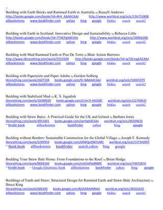 ~ 
Building with Earth Bricks and Rammed Earth in Australia; by Russell Andrews http://books.google.com/books?id=4h4_AAAACAAJ http://www.worldcat.org/oclc/156752808 allbookstores www.bookfinder.com yahoo bing google blekko search search2 
Building with Earth in Scotland: Innovative Design and Sustainability; by Rebecca Little http://books.google.com/books?id=7TAEPgAACAAJ http://www.worldcat.org/oclc/50056286 allbookstores www.bookfinder.com yahoo bing google blekko search search2 
Building with Mud Rammed Earth or Pise De Terre; by Blair Action Burrows http://www.librarything.com/work/5553509 http://books.google.com/books?id=w72EmgEACAAJ allbookstores www.bookfinder.com yahoo bing google blekko search search2 
Building with Papercrete and Paper Adobe; by Gordon Solberg librarything.com/work/2607338 books.google.com/9r-NAAAACAAJ worldcat.org/oclc/50065979 
allbookstores www.bookfinder.com yahoo bing google blekko search search2 
Building with Stabilized Mud; by K. S. Jagadish librarything.com/work/10389020 books.google.com/LUm7J-H62k8C worldcat.org/oclc/21743632 
allbookstores www.bookfinder.com yahoo bing google blekko search search2 
Building with Straw Bales: A Practical Guide for the UK and Ireland; by Barbara Jones librarything.com/work/4051601 books.google.com/iqrIPgAACAAJ worldcat.org/oclc/49204616 ~ Kindle book allbookstores bookfinder yahoo bing google 
Building without Borders: Sustainable Construction for the Global Village; by Joseph F. Kennedy librarything.com/work/5249959 books.google.com/kXWQa2NkYoMC worldcat.org/oclc/137342097 ~ Nook book allbookstores bookfinder search.yahoo bing google 
Building Your Straw Bale Home: From Foundations to the Roof; by Brian Hodge librarything.com/work/8828160 books.google.com/nsGI5AfwBNMC worldcat.org/oclc/74472876 ~ Kindle book ~ Google Electronic book allbookstores bookfinder yahoo bing google 
Buildings of Earth and Straw: Structural Design for Rammed Earth and Straw-Bale Architecture; by Bruce King librarything.com/work/606340 books.google.com/8j5SAAAAMAAJ worldcat.org/oclc/36561625 
allbookstores www.bookfinder.com yahoo bing google blekko search search2 
 