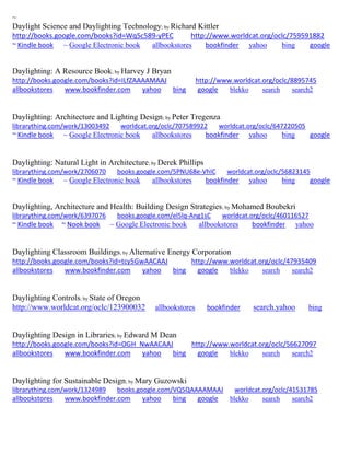~ 
Daylight Science and Daylighting Technology; by Richard Kittler http://books.google.com/books?id=Wq5c589-yPEC http://www.worldcat.org/oclc/759591882 ~ Kindle book ~ Google Electronic book allbookstores bookfinder yahoo bing google 
Daylighting: A Resource Book; by Harvey J Bryan http://books.google.com/books?id=ILfZAAAAMAAJ http://www.worldcat.org/oclc/8895745 allbookstores www.bookfinder.com yahoo bing google blekko search search2 
Daylighting: Architecture and Lighting Design; by Peter Tregenza librarything.com/work/13003492 worldcat.org/oclc/707589922 worldcat.org/oclc/647220505 ~ Kindle book ~ Google Electronic book allbookstores bookfinder yahoo bing google 
Daylighting: Natural Light in Architecture; by Derek Phillips librarything.com/work/2706070 books.google.com/5PNU68e-VhIC worldcat.org/oclc/56823145 ~ Kindle book ~ Google Electronic book allbookstores bookfinder yahoo bing google 
Daylighting, Architecture and Health: Building Design Strategies; by Mohamed Boubekri librarything.com/work/6397076 books.google.com/el5lq-Ang1sC worldcat.org/oclc/460116527 ~ Kindle book ~ Nook book ~ Google Electronic book allbookstores bookfinder yahoo 
Daylighting Classroom Buildings; by Alternative Energy Corporation http://books.google.com/books?id=tcy5GwAACAAJ http://www.worldcat.org/oclc/47935409 allbookstores www.bookfinder.com yahoo bing google blekko search search2 
Daylighting Controls; by State of Oregon http://www.worldcat.org/oclc/123900032 allbookstores bookfinder search.yahoo bing 
Daylighting Design in Libraries; by Edward M Dean http://books.google.com/books?id=OGH_NwAACAAJ http://www.worldcat.org/oclc/56627097 allbookstores www.bookfinder.com yahoo bing google blekko search search2 
Daylighting for Sustainable Design; by Mary Guzowski librarything.com/work/1324989 books.google.com/VQ5QAAAAMAAJ worldcat.org/oclc/41531785 
allbookstores www.bookfinder.com yahoo bing google blekko search search2 
 