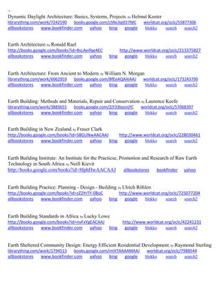 ~ 
Dynamic Daylight Architecture: Basics, Systems, Projects; by Helmut Koster librarything.com/work/7242590 books.google.com/zSNs3qIEE7MC worldcat.org/oclc/55877306 
allbookstores www.bookfinder.com yahoo bing google blekko search search2 
Earth Architecture; by Ronald Rael http://books.google.com/books?id=BsLAeifqe4EC http://www.worldcat.org/oclc/213375827 allbookstores www.bookfinder.com yahoo bing google blekko search search2 
Earth Architecture: From Ancient to Modern; by William N. Morgan librarything.com/work/6062959 books.google.com/BfEeAQAAIAAJ worldcat.org/oclc/173243790 
allbookstores www.bookfinder.com yahoo bing google blekko search search2 
Earth Building: Methods and Materials, Repair and Conservation; by Laurence Keefe librarything.com/work/3883655 books.google.com/2jY33basnjYC worldcat.org/oclc/57068397 
allbookstores www.bookfinder.com yahoo bing google blekko search search2 
Earth Building in New Zealand; by Fraser Clark http://books.google.com/books?id=S8GUNwAACAAJ http://www.worldcat.org/oclc/228030461 allbookstores www.bookfinder.com yahoo bing google blekko search search2 
Earth Building Institute: An Institute for the Practicse, Promotion and Research of Raw Earth Technology in South Africa; by Neill Kievit http://books.google.com/books?id=8IphHwAACAAJ allbookstores bookfinder yahoo 
Earth Building Practice: Planning - Design - Building; by Ulrich Röhlen http://books.google.com/books?id=zZ2YrTY-0BoC http://www.worldcat.org/oclc/725077204 allbookstores www.bookfinder.com yahoo bing google blekko search search2 
Earth Building Standards in Africa; by Lucky Lowe http://books.google.com/books?id=nvFxYgEACAAJ http://www.worldcat.org/oclc/42241231 allbookstores www.bookfinder.com yahoo bing google blekko search search2 
Earth Sheltered Community Design: Energy Efficient Residential Development; by Raymond Sterling librarything.com/work/1794513 books.google.com/mIVTAAAAMAAJ worldcat.org/oclc/7988544 
allbookstores www.bookfinder.com yahoo bing google blekko search search2 
 