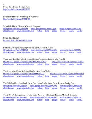 ~ 
Straw Bale House Design Plans 
http://scribd.com/doc/34727927 
Strawbale House - Workshop in Romania 
http://scribd.com/doc/95344348 
Strawbale Home Plans; by Wayne J Bingham librarything.com/work/3545692 books.google.com/y2eOIkX__g4C worldcat.org/oclc/70839709 
allbookstores www.bookfinder.com yahoo bing google blekko search search2 
Straw Bale Primer 
http://scribd.com/doc/93335579 
Surficial Geology: Building with the Earth; by John E. Costa librarything.com/work/9814569 books.google.com/gBtOAQAAIAAJ worldcat.org/oclc/6788876 
allbookstores www.bookfinder.com yahoo bing google blekko search search2 
Terracrete: Building with Rammed Earth-Cementt; by Francis MacDonald http://books.google.com/books?id=HMXVAAAAMAAJ http://www.worldcat.org/oclc/5269966 allbookstores www.bookfinder.com yahoo bing google blekko search search2 
The Australian Earth Building Handbook; by Peter Walker http://books.google.com/books?id=-RD4AAAACAAJ http://www.worldcat.org/oclc/223403463 allbookstores www.bookfinder.com yahoo bing google blekko search search2 
The Cob Builders Handbook: You Can Hand-Sculpt Your Own Home; by Becky Bee librarything.com/work/125527 books.google.com/mTKEQgAACAAJ worldcat.org/oclc/38468508 
allbookstores www.bookfinder.com yahoo bing google blekko search search2 
The Cobber's Companion: How to Build Your Own Earthen Home; by Michael G. Smith 
librarything.com/work/606492 books.google.com/HeF5QgAACAAJ worldcat.org/oclc/40140530 
allbookstores www.bookfinder.com yahoo bing google blekko search search2 
 