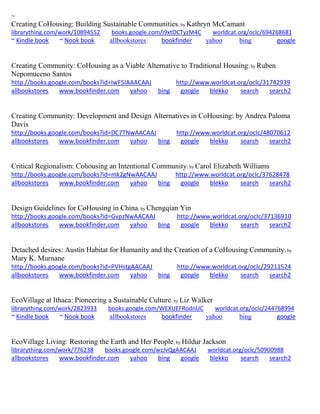 ~ Creating CoHousing: Building Sustainable Communities; by Kathryn McCamant librarything.com/work/10894552 books.google.com/i9xtOCTyzM4C worldcat.org/oclc/694268681 ~ Kindle book ~ Nook book allbookstores bookfinder yahoo bing google 
Creating Community: CoHousing as a Viable Alternative to Traditional Housing; by Ruben Nepomuceno Santos http://books.google.com/books?id=IwF5IAAACAAJ http://www.worldcat.org/oclc/31742939 allbookstores www.bookfinder.com yahoo bing google blekko search search2 
Creating Community: Development and Design Alternatives in CoHousing: by Andrea Paloma Davis http://books.google.com/books?id=DC7TNwAACAAJ http://www.worldcat.org/oclc/48070612 allbookstores www.bookfinder.com yahoo bing google blekko search search2 
Critical Regionalism: Cohousing an Intentional Community; by Carol Elizabeth Williams http://books.google.com/books?id=mk2gNwAACAAJ http://www.worldcat.org/oclc/37628478 allbookstores www.bookfinder.com yahoo bing google blekko search search2 
Design Guidelines for CoHousing in China; by Chengqian Yin http://books.google.com/books?id=GvpzNwAACAAJ http://www.worldcat.org/oclc/37136910 allbookstores www.bookfinder.com yahoo bing google blekko search search2 
Detached desires: Austin Habitat for Humanity and the Creation of a CoHousing Community; by Mary K. Murnane http://books.google.com/books?id=PVHstgAACAAJ http://www.worldcat.org/oclc/29211524 allbookstores www.bookfinder.com yahoo bing google blekko search search2 
EcoVillage at Ithaca: Pioneering a Sustainable Culture; by Liz Walker librarything.com/work/2823933 books.google.com/WEXUEFRodnUC worldcat.org/oclc/244768994 ~ Kindle book ~ Nook book allbookstores bookfinder yahoo bing google 
EcoVillage Living: Restoring the Earth and Her People; by Hildur Jackson librarything.com/work/776238 books.google.com/wzJvQgAACAAJ worldcat.org/oclc/50900988 
allbookstores www.bookfinder.com yahoo bing google blekko search search2 
 