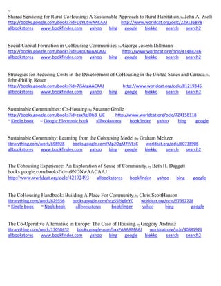 ~ Shared Servicing for Rural CoHousing: A Sustainable Approach to Rural Habitation; by John A. Zsolt http://books.google.com/books?id=DLYDSwAACAAJ http://www.worldcat.org/oclc/229136878 allbookstores www.bookfinder.com yahoo bing google blekko search search2 
Social Capital Formation in CoHousing Communities; by George Joseph Dillmann http://books.google.com/books?id=u4oCtwAACAAJ http://www.worldcat.org/oclc/41484246 allbookstores www.bookfinder.com yahoo bing google blekko search search2 
Strategies for Reducing Costs in the Development of CoHousing in the United States and Canada; by John-Phillip Reuer http://books.google.com/books?id=7iSAtgAACAAJ http://www.worldcat.org/oclc/81219345 allbookstores www.bookfinder.com yahoo bing google blekko search search2 
Sustainable Communities: Co-Housing; by Susanne Grolle http://books.google.com/books?id=zax9gJDbB_UC http://www.worldcat.org/oclc/724158118 ~ Kindle book ~ Google Electronic book allbookstores bookfinder yahoo bing google 
Sustainable Community: Learning from the Cohousing Model; by Graham Meltzer librarything.com/work/698928 books.google.com/Mp2OqM7tVEsC worldcat.org/oclc/60738908 
allbookstores www.bookfinder.com yahoo bing google blekko search search2 
The Cohousing Experience: An Exploration of Sense of Community; by Beth H. Daggett books.google.com/books?id=u9NDNwAACAAJ http://www.worldcat.org/oclc/42192493 allbookstores bookfinder yahoo bing google 
The CoHousing Handbook: Building A Place For Community; by Chris ScottHanson librarything.com/work/629556 books.google.com/hcgS5Pig6nYC worldcat.org/oclc/57392728 ~ Kindle book ~ Nook book allbookstores bookfinder yahoo bing google 
The Co-Operative Alternative in Europe: The Case of Housing; by Gregory Andrusz librarything.com/work/13058452 books.google.com/bxxPAAAAMAAJ worldcat.org/oclc/40881921 
allbookstores www.bookfinder.com yahoo bing google blekko search search2 
 