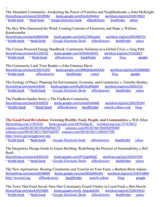 ~ The Abundant Community: Awakening the Power of Families and Neighborhoods; by John McKnight librarything.com/work/10149383 books.google.com/EAo9LfiK44cC worldcat.org/oclc/659579813 ~ Kindle book ~ Nook book ~ Google Electronic book allbookstores bookfinder yahoo 
The Boy Who Harnessed the Wind: Creating Currents of Electricity and Hope; by William Kamkwamba librarything.com/work/8409384 books.google.com/hXUC7BOLpwIC worldcat.org/oclc/441940711 ~ Kindle book ~ Nook book ~ Google Electronic Book allbookstores bookfinder yahoo 
The Citizen-Powered Energy Handbook: Community Solutions to a Global Crisis; by Greg Pahl librarything.com/work/2103722 books.google.com/ShOtOrhOIrEC worldcat.org/oclc/72161817 ~ Kindle book ~ Nook book allbookstores bookfinder yahoo bing google 
The Community Land Trust Reader; by John Emmeus Davis librarything.com/work/10575335 books.google.com/8MQ4QwAACAAJ worldcat.org/oclc/435800082 ~ Kindle book allbookstores bookfinder yahoo bing google 
The Ecology of Place: Planning for Environment, Economy, and Community; by Timothy Beatley librarything.com/work/24426 books.google.com/Nu987GxZMqMC worldcat.org/oclc/36922755 ~ Kindle book ~ Nook book ~ Google Electronic Book allbookstores bookfinder yahoo 
The Findhorn Garden Story; by The Findhorn Community 
librarything.com/work/6109522 books.google.com/Uv4jetYoAvMC worldcat.org/oclc/182735547 
~ Kindle book ~ Nook book allbookstores bookfinder search.yahoo.com bing 
The Good Food Revolution: Growing Healthy Food, People, and Communities; by Will Allen 
librarything.com/11993624 books.google.com/nf55k2hlg-IC worldcat.org/oclc/757470632 
calameo.com/00146760196286db0d170 calameo.com/0014676015b669d39046f 
calameo.com/0014676011706f76df387 calameo.com/0014676011ef888557ff8 
http://www.growingpower.org 
~ Kindle book ~ Nook book ~ Google Electronic book allbookstores bookfinder yahoo 
The Integrative Design Guide to Green Building: Redefining the Practice of Sustainability; by Bill Reed 
librarything.com/work/8303145 books.google.com/PF3JIgjHBiQC worldcat.org/oclc/245537193 
~ Kindle book ~ Nook book ~ Google Electronic Book allbookstores bookfinder yahoo 
The New Agritourism: Hosting Community and Tourists on Your Farm; by Barbara Berst Adams librarything.com/work/8198099 books.google.com/xvCBGQAACAAJ worldcat.org/oclc/154713899 
http://wwoof.org allbookstores bookfinder search.yahoo bing google 
The Town That Food Saved: How One Community Found Vitality in Local Food; by Ben Hewitt librarything.com/work/9533806 books.google.com/k_AsqLwb2tAC worldcat.org/oclc/316019612 ~ Kindle book ~ Nook book ~ Google Electronic Book allbookstores bookfinder yahoo 
 