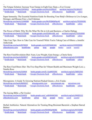 ~ 
The Fatigue Solution: Increase Your Energy in Eight Easy Steps; by Eva Cwynar librarything.com/work/12476412 books.google.com/XLzYcfofRJUC worldcat.org/oclc/761381477 ~ Kindle book ~ Nook book ~ Google Electronic book allbookstores bookfinder yahoo 
Super Immunity: The Essential Nutrition Guide for Boosting Your Body's Defenses to Live Longer, Stronger, and Disease Free; by Joel Fuhrman 
librarything.com/work/11649084 books.google.com/MLPEQMWPgnAC worldcat.org/oclc/703206381 
~ Kindle book ~ Nook book ~ Google Electronic book allbookstores bookfinder yahoo 
The Power of Habit: Why We Do What We Do in Life and Business; by Charles Duhigg librarything.com/work/11753940 books.google.com/O1MInVXd_aoC worldcat.org/oclc/731918383 
~ Kindle book ~ Nook book ~ Google Electronic book allbookstores bookfinder yahoo 
Take Care Tips: How to Take Care for Yourself While You're Taking Care of Others; by Jennifer Antkowiak librarything.com/work/8374634 books.google.com/lz2tPAAACAAJ worldcat.org/oclc/233939696 
allbookstores.com bookfinder yahoo bing google blekko search search2 
The Raw Food Revolution Diet: Feast, Lose Weight, Gain Energy; by Cherie Soria librarything.com/work/6638217 books.google.com/pfJQ23sKneEC worldcat.org/oclc/214282498 ~ Kindle book ~ Nook book ~ Google Electronic book allbookstores bookfinder yahoo 
The Raw Food Detox Diet: The Five-Step Plan for Vibrant Health and Maximum Weight Loss; by Natalia Rose librarything.com/work/536464 books.google.com/D_GsqMlCPZAC worldcat.org/oclc/58052565 ~ Kindle book ~ Nook book ~ Google Electronic book allbookstores bookfinder yahoo 
Microgreens: A Guide To Growing Nutrient Packed Greens; by Eric Franks librarything.com/work/8492027 wheatgrasskits.com sproutpeople.org sproutman.com 
~ Kindle book ~ Nook book ~ Google Electronic book allbookstores bookfinder yahoo 
The Juicing Bible; by Pat Crocker librarything.com/work/536459 books.google.com/_wW4IAAACAAJ worldcat.org/oclc/44495212 
allbookstores.com bookfinder yahoo bing google blekko search search2 
Herbal Antibiotics: Natural Alternatives for Treating Drug-Resistant Bacterial; by Stephen Harrod Buhner librarything.com/work/646512 books.google.com/f2hDKZqYNO8C worldcat.org/oclc/45732069 ~ Kindle book ~ Nook book ~ Google Electronic book allbookstores bookfinder yahoo 
 