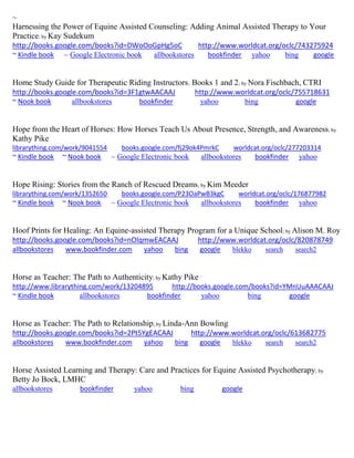 ~ Harnessing the Power of Equine Assisted Counseling: Adding Animal Assisted Therapy to Your Practice; by Kay Sudekum http://books.google.com/books?id=DWoOoGpHg5oC http://www.worldcat.org/oclc/743275924 ~ Kindle book ~ Google Electronic book allbookstores bookfinder yahoo bing google 
Home Study Guide for Therapeutic Riding Instructors. Books 1 and 2; by Nora Fischbach, CTRI http://books.google.com/books?id=3F1gtwAACAAJ http://www.worldcat.org/oclc/755718631 ~ Nook book allbookstores bookfinder yahoo bing google 
Hope from the Heart of Horses: How Horses Teach Us About Presence, Strength, and Awareness; by Kathy Pike librarything.com/work/9041554 books.google.com/fj29ok4PmrkC worldcat.org/oclc/277203314 ~ Kindle book ~ Nook book ~ Google Electronic book allbookstores bookfinder yahoo 
Hope Rising: Stories from the Ranch of Rescued Dreams; by Kim Meeder librarything.com/work/1352650 books.google.com/P23OaPwB3kgC worldcat.org/oclc/176877982 ~ Kindle book ~ Nook book ~ Google Electronic book allbookstores bookfinder yahoo 
Hoof Prints for Healing: An Equine-assisted Therapy Program for a Unique School; by Alison M. Roy http://books.google.com/books?id=nOIqmwEACAAJ http://www.worldcat.org/oclc/820878749 
allbookstores www.bookfinder.com yahoo bing google blekko search search2 
Horse as Teacher: The Path to Authenticity; by Kathy Pike http://www.librarything.com/work/13204895 http://books.google.com/books?id=YMnUuAAACAAJ ~ Kindle book allbookstores bookfinder yahoo bing google 
Horse as Teacher: The Path to Relationship; by Linda-Ann Bowling http://books.google.com/books?id=2Pt5YgEACAAJ http://www.worldcat.org/oclc/613682775 
allbookstores www.bookfinder.com yahoo bing google blekko search search2 
Horse Assisted Learning and Therapy: Care and Practices for Equine Assisted Psychotherapy; by Betty Jo Bock, LMHC allbookstores bookfinder yahoo bing google 
 