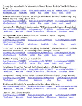 ~ Program for dynamic health: An Introduction to Natural Hygiene: The Only True Health System; by Terry C. Fry librarything.com/work/2573676 books.google.com/dQuCAAAACAAJ worldcat.org/oclc/1095169 
allbookstores.com bookfinder yahoo bing google blekko search search2 
The Great Health Heist: Recapture Your Family's Health Safely, Naturally And Effectively Using Nutriton Response Testing; by Paul J. Rosen librarything.com/work/10855351 books.google.com/ITrYGQAACAAJ worldcat.org/oclc/190794694 
allbookstores.com bookfinder yahoo bing google blekko search search2 
Healing the New Childhood Epidemics: Autism, ADHD, Asthma, and Allergies; by Kenneth Bock librarything.com/work/2918550 books.google.com/=_Pf1vkK2SsQC worldcat.org/oclc/74569776 ~ Kindle book ~ Nook book ~ Google Electronic book allbookstores bookfinder yahoo 
Battling the MSG Myth: A Survival Guide and Cookbook; by Deborah L. Anglesey MSG = Monosodium Glutamate librarything.com/work/720401 books.google.com/e-kGAAAACAAJ worldcat.org/oclc/42407673 http://www.msgmyth.com ~ Kindle book ~ Nook book allbookstores bookfinder yahoo bing google 
In Bad Taste: The MSG Syndrome, How Living Without MSG Can Reduce Headache, Depression and Asthma, and Help You Get Control of your Life; by George R. Schwartz librarything.com/work/596208 books.google.com/Bigd6RMNCwEC worldcat.org/oclc/18907286 
allbookstores.com bookfinder yahoo bing google blekko search search2 
The Slow Poisoning of America; by T Michelle Erb librarything.com/work/7219248 books.google.com/0tj-PQAACAAJ worldcat.org/oclc/62095325 
allbookstores.com bookfinder yahoo bing google blekko search search2 
Baby Greens: A Live-Food Approach for Children of All Ages; by Michael Chrisemer librarything.com/work/3115978 books.google.com/cP5ieX7XQJEC worldcat.org/oclc/60651053 ~ Kindle book ~ Nook book ~ Google Electronic book allbookstores bookfinder yahoo 
Eating Without Heating: Favorite Recipes from Teens Who Love Raw Food; by Sergei Boutenko librarything.com/work/536437 books.google.com/=sdb4AQAACAAJ worldcat.org/oclc/52084739 ~ Kindle book allbookstores bookfinder yahoo bing google 
The Complete Idiot's Guide To Vegan Eating For Kids; by Dana Villamagna librarything.com/work/9923017 books.google.com/wJUFxa-oIxwC worldcat.org/oclc/426803335 ~ Kindle book ~ Nook book ~ Google Electronic book allbookstores bookfinder yahoo 
Green for Life; by Victoria Boutenko librarything.com/work/589212 books.google.com/KXzxuPcafU8C worldcat.org/oclc/62768874 ~ Kindle book ~ Nook book ~ Google Electronic book allbookstores bookfinder yahoo 
 
