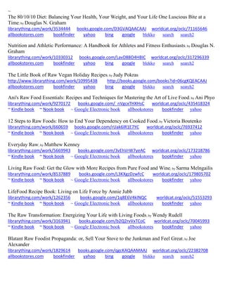 ~ The 80/10/10 Diet: Balancing Your Health, Your Weight, and Your Life One Luscious Bite at a Time; by Douglas N. Graham librarything.com/work/3534444 books.google.com/D3GVAQAACAAJ worldcat.org/oclc/71165646 
allbookstores.com bookfinder yahoo bing google blekko search search2 
Nutrition and Athletic Performance: A Handbook for Athletes and Fitness Enthusiasts; by Douglas N. Graham librarything.com/work/10330312 books.google.com/LavD88O4HBIC worldcat.org/oclc/317296339 
allbookstores.com bookfinder yahoo bing google blekko search search2 
The Little Book of Raw Vegan Holiday Recipes; by Judy Pokras http://www.librarything.com/work/10995438 http://books.google.com/books?id=06cgKQEACAAJ 
allbookstores.com bookfinder yahoo bing google blekko search search2 
Ani's Raw Food Essentials: Recipes and Techniques for Mastering the Art of Live Food; by Ani Phyo librarything.com/work/9270172 books.google.com/_nVgcxTHXHsC worldcat.org/oclc/435418324 ~ Kindle book ~ Nook book ~ Google Electronic book allbookstores bookfinder yahoo 
12 Steps to Raw Foods: How to End Your Dependency on Cooked Food; by Victoria Boutenko librarything.com/work/660659 books.google.com/rUak6lR1E7YC worldcat.org/oclc/76937412 ~ Kindle book ~ Nook book ~ Google Electronic book allbookstores bookfinder yahoo 
Everyday Raw; by Matthew Kenney librarything.com/work/5669943 books.google.com/3vEhVrW7yeAC worldcat.org/oclc/173218786 ~ Kindle book ~ Nook book ~ Google Electronic book allbookstores bookfinder yahoo 
Living Raw Food: Get the Glow with More Recipes from Pure Food and Wine; by Sarma Melngailis librarything.com/work/8537889 books.google.com/L3KXgzDzwfcC worldcat.org/oclc/179805702 ~ Kindle book ~ Nook book ~ Google Electronic book allbookstores bookfinder yahoo 
LifeFood Recipe Book: Living on Life Force by Annie Jubb librarything.com/work/1262356 books.google.com/1q8E6V4klNQC worldcat.org/oclc/51553293 ~ Kindle book ~ Nook book ~ Google Electronic book allbookstores bookfinder yahoo 
The Raw Transformation: Energizing Your Life with Living Foods; by Wendy Rudell librarything.com/work/3163941 books.google.com/b2Q2rvVxTCoC worldcat.org/oclc/70045993 ~ Kindle book ~ Nook book ~ Google Electronic book allbookstores bookfinder yahoo 
Blatant Raw Foodist Propaganda: or, Sell Your Stove to the Junkman and Feel Great; by Joe Alexander librarything.com/work/1829614 books.google.com/qgcKAQAAMAAJ worldcat.org/oclc/22382708 
allbookstores.com bookfinder yahoo bing google blekko search search2 
 