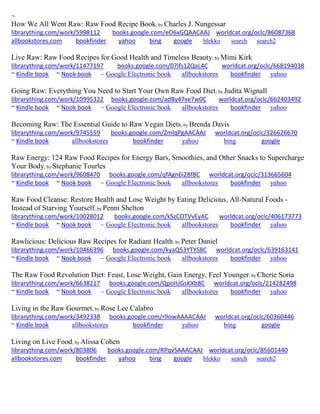 ~ How We All Went Raw: Raw Food Recipe Book; by Charles J. Nungessar librarything.com/work/5998112 books.google.com/eO6xGQAACAAJ worldcat.org/oclc/86087368 
allbookstores.com bookfinder yahoo bing google blekko search search2 
Live Raw: Raw Food Recipes for Good Health and Timeless Beauty; by Mimi Kirk librarything.com/work/11477197 books.google.com/07ifs1ZQaL4C worldcat.org/oclc/668194038 ~ Kindle book ~ Nook book ~ Google Electronic book allbookstores bookfinder yahoo 
Going Raw: Everything You Need to Start Your Own Raw Food Diet; by Judita Wignall librarything.com/work/10995322 books.google.com/adBy47xe7w0C worldcat.org/oclc/662403492 ~ Kindle book ~ Nook book ~ Google Electronic book allbookstores bookfinder yahoo 
Becoming Raw: The Essential Guide to Raw Vegan Diets; by Brenda Davis librarything.com/work/9745559 books.google.com/ZmlqPgAACAAJ worldcat.org/oclc/326626670 ~ Kindle book allbookstores bookfinder yahoo bing google 
Raw Energy: 124 Raw Food Recipes for Energy Bars, Smoothies, and Other Snacks to Supercharge Your Body; by Stephanie Tourles librarything.com/work/9608470 books.google.com/qfAgn6i2Bf8C worldcat.org/oclc/313665604 ~ Kindle book ~ Nook book ~ Google Electronic book allbookstores bookfinder yahoo 
Raw Food Cleanse: Restore Health and Lose Weight by Eating Delicious, All-Natural Foods - Instead of Starving Yourself; by Penni Shelton librarything.com/work/10028012 books.google.com/kSzCOTVvEyAC worldcat.org/oclc/406173773 ~ Kindle book ~ Nook book ~ Google Electronic book allbookstores bookfinder yahoo 
Rawlicious: Delicious Raw Recipes for Radiant Health; by Peter Daniel librarything.com/work/10466396 books.google.com/kyaQ53YTYS8C worldcat.org/oclc/639163141 ~ Kindle book ~ Nook book ~ Google Electronic book allbookstores bookfinder yahoo 
The Raw Food Revolution Diet: Feast, Lose Weight, Gain Energy, Feel Younger; by Cherie Soria librarything.com/work/6638217 books.google.com/QpoIUGsKXb8C worldcat.org/oclc/214282498 ~ Kindle book ~ Nook book ~ Google Electronic book allbookstores bookfinder yahoo 
Living in the Raw Gourmet; by Rose Lee Calabro librarything.com/work/3492338 books.google.com/r9owAAAACAAJ worldcat.org/oclc/60360446 ~ Kindle book allbookstores bookfinder yahoo bing google 
Living on Live Food; by Alissa Cohen librarything.com/work/803806 books.google.com/RPqvSAAACAAJ worldcat.org/oclc/85601440 
allbookstores.com bookfinder yahoo bing google blekko search search2 
 