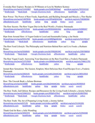 ~ 
Everyday Raw Express: Recipes in 30 Minutes or Less by Matthew Kenney librarything.com/work/11432867 books.google.com/fo0k5BI43kgC worldcat.org/oclc/707231532 ~ Kindle book ~ Nook book ~ Google Electronic book allbookstores bookfinder yahoo 
Raw Power: The Power of Raw Foods, Superfoods, and Building Strength and Muscle; by Thor Bazler librarything.com/work/13879936 books.google.com/DfYqKQEACAAJ worldcat.org/oclc/748286944 
allbookstores.com bookfinder yahoo bing google blekko search search2 
The Raw Secrets: The Raw Vegan Diet in the Real World; by Frederic Patenaude librarything.com/work/1717156 books.google.com/0l5DAAAACAAJ worldcat.org/oclc/52000267 ~ Kindle book allbookstores bookfinder yahoo bing google 
Ripe from Around Here: A Vegan Guide to Local and Sustainable Eating; by Jae Steele librarything.com/work/9351790 books.google.com/eH8MQgAACAAJ worldcat.org/oclc/521745127 ~ Kindle book ~ Nook book allbookstores bookfinder yahoo bing google 
The Raw Food Lifestyle: The Philosophy and Nutrition Behind Raw and Live Foods; by Ruthann Russo librarything.com/work/9160645 books.google.com/dzTP0Q38194C worldcat.org/oclc/299708050 ~ Kindle book ~ Nook book ~ Google Electronic book allbookstores bookfinder yahoo 
The Raw Vegan Coach: Answering Your Questions on the Raw Food Diet; by Frederic Patenaude librarything.com/work/13757828 books.google.com/8lM0bwAACAAJ worldcat.org/oclc/748611791 ~ Kindle book allbookstores bookfinder yahoo bing google 
Instant Raw Sensations: The Easiest, Simplest, Most Delicious Raw-Food Recipes Ever; by Frederic Patenaude librarything.com/work/2064145 books.google.com/vxWuGAAACAAJ worldcat.org/oclc/80553933 ~ Kindle book allbookstores bookfinder yahoo bing google 
Raw: The Uncook Book; by Juliano Brotman librarything.com/work/32080 books.google.com/ddcZHAAACAAJ worldcat.org/oclc/40396919 
allbookstores.com bookfinder yahoo bing google blekko search search2 
The Raw Truth, 2nd Edition: Recipes and Resources for the Living Foods Lifestyle; by Jeremy Safron librarything.com/work/10465312 books.google.com/XfQ6fntTl9cC worldcat.org/oclc/610837043 ~ Kindle book ~ Nook book ~ Google Electronic book allbookstores bookfinder yahoo 
The Raw Truth: The Art of Preparing Living Foods; by Jeremy Safron librarything.com/work/67170 books.google.com/vL8os-qyM78C worldcat.org/oclc/51242201 
allbookstores.com bookfinder yahoo bing google blekko search search2 
Thank God for Raw; by Julie Wandling librarything.com/work/3492374 books.google.com/1dUOAAAACAAJ worldcat.org/oclc/51956582 
allbookstores.com bookfinder yahoo bing google blekko search search2 
 