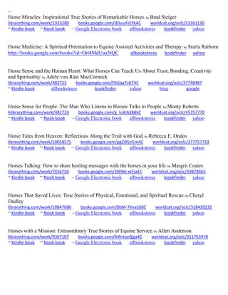 ~ Horse Miracles: Inspirational True Stories of Remarkable Horses; by Brad Steiger librarything.com/work/1933280 books.google.com/dDuuIFiEYkAC worldcat.org/oclc/53361130 ~ Kindle book ~ Nook book ~ Google Electronic book allbookstores bookfinder yahoo 
Horse Medicine: A Spiritual Orientation to Equine Assisted Activities and Therapy; by Starla Raiborn http://books.google.com/books?id=Orl4MdUuxNQC allbookstores bookfinder yahoo 
Horse Sense and the Human Heart: What Horses Can Teach Us About Trust, Bonding, Creativity and Spirituality; by Adele von Rüst MacCormick librarything.com/work/482723 books.google.com/P6GqaTstI74C worldcat.org/oclc/37748487 ~ Kindle book allbookstores bookfinder yahoo bing google 
Horse Sense for People: The Man Who Listens to Horses Talks to People; by Monty Roberts hlibrarything.com/work/482724 books.google.com/g_luXJA38BkC worldcat.org/oclc/45757770 ~ Kindle book ~ Nook book ~ Google Electronic book allbookstores bookfinder yahoo 
Horse Tales from Heaven: Reflections Along the Trail with God; by Rebecca E. Ondov librarything.com/work/10058575 books.google.com/pgZI9Sjr5mAC worldcat.org/oclc/377757733 ~ Kindle book ~ Nook book ~ Google Electronic book allbookstores bookfinder yahoo 
Horses Talking: How to share healing messages with the horses in your life; by Margrit Coates librarything.com/work/7456750 books.google.com/3WN6-xJFsaEC worldcat.org/oclc/59878465 ~ Kindle book ~ Nook book ~ Google Electronic book allbookstores bookfinder yahoo 
Horses That Saved Lives: True Stories of Physical, Emotional, and Spiritual Rescue; by Cheryl Dudley librarything.com/work/10847686 books.google.com/8bM-7VvaLG8C worldcat.org/oclc/318420232 ~ Kindle book ~ Nook book ~ Google Electronic book allbookstores bookfinder yahoo 
Horses with a Mission: Extraordinary True Stories of Equine Service; by Allen Anderson librarything.com/work/9367107 books.google.com/AWrtoyQjgz4C worldcat.org/oclc/311763478 ~ Kindle book ~ Nook book ~ Google Electronic book allbookstores bookfinder yahoo 
 