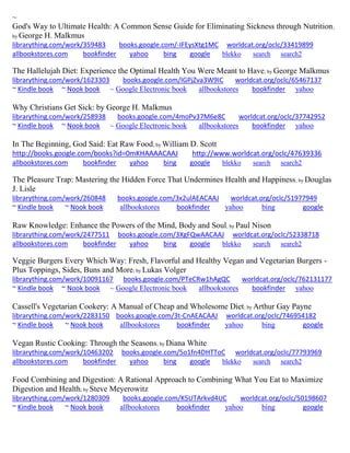 ~ God's Way to Ultimate Health: A Common Sense Guide for Eliminating Sickness through Nutrition; by George H. Malkmus librarything.com/work/359483 books.google.com/-IFEysXtg1MC worldcat.org/oclc/33419899 
allbookstores.com bookfinder yahoo bing google blekko search search2 
The Hallelujah Diet: Experience the Optimal Health You Were Meant to Have; by George Malkmus librarything.com/work/1623303 books.google.com/IGPjZva3W9IC worldcat.org/oclc/65467137 ~ Kindle book ~ Nook book ~ Google Electronic book allbookstores bookfinder yahoo 
Why Christians Get Sick: by George H. Malkmus librarything.com/work/258938 books.google.com/4moPv37M6e8C worldcat.org/oclc/37742952 ~ Kindle book ~ Nook book ~ Google Electronic book allbookstores bookfinder yahoo 
In The Beginning, God Said: Eat Raw Food; by William D. Scott http://books.google.com/books?id=0mKHAAAACAAJ http://www.worldcat.org/oclc/47639336 
allbookstores.com bookfinder yahoo bing google blekko search search2 
The Pleasure Trap: Mastering the Hidden Force That Undermines Health and Happiness; by Douglas J. Lisle librarything.com/work/260848 books.google.com/3x2ulAEACAAJ worldcat.org/oclc/51977949 ~ Kindle book ~ Nook book allbookstores bookfinder yahoo bing google 
Raw Knowledge: Enhance the Powers of the Mind, Body and Soul; by Paul Nison librarything.com/work/2477511 books.google.com/3XgFQwAACAAJ worldcat.org/oclc/52338718 
allbookstores.com bookfinder yahoo bing google blekko search search2 
Veggie Burgers Every Which Way: Fresh, Flavorful and Healthy Vegan and Vegetarian Burgers - Plus Toppings, Sides, Buns and More; by Lukas Volger librarything.com/work/10091167 books.google.com/PTeCRw1hAgQC worldcat.org/oclc/762131177 ~ Kindle book ~ Nook book ~ Google Electronic book allbookstores bookfinder yahoo 
Cassell's Vegetarian Cookery: A Manual of Cheap and Wholesome Diet; by Arthur Gay Payne librarything.com/work/2283150 books.google.com/3t-CnAEACAAJ worldcat.org/oclc/746954182 ~ Kindle book ~ Nook book allbookstores bookfinder yahoo bing google 
Vegan Rustic Cooking: Through the Seasons; by Diana White librarything.com/work/10463202 books.google.com/5o1fn4DHTToC worldcat.org/oclc/77793969 allbookstores.com bookfinder yahoo bing google blekko search search2 
Food Combining and Digestion: A Rational Approach to Combining What You Eat to Maximize Digestion and Health; by Steve Meyerowitz librarything.com/work/1280309 books.google.com/K5UTArkvd4UC worldcat.org/oclc/50198607 ~ Kindle book ~ Nook book allbookstores bookfinder yahoo bing google 
 