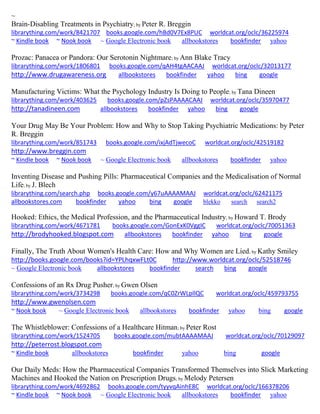 ~ 
Brain-Disabling Treatments in Psychiatry; by Peter R. Breggin librarything.com/work/8421707 books.google.com/hBd0V7Ex8PUC worldcat.org/oclc/36225974 ~ Kindle book ~ Nook book ~ Google Electronic book allbookstores bookfinder yahoo 
Prozac: Panacea or Pandora: Our Serotonin Nightmare; by Ann Blake Tracy librarything.com/work/1806801 books.google.com/qAH4tgAACAAJ worldcat.org/oclc/32013177 
http://www.drugawareness.org allbookstores bookfinder yahoo bing google 
Manufacturing Victims: What the Psychology Industry Is Doing to People; by Tana Dineen librarything.com/work/403625 books.google.com/pZsPAAAACAAJ worldcat.org/oclc/35970477 
http://tanadineen.com allbookstores bookfinder yahoo bing google 
Your Drug May Be Your Problem: How and Why to Stop Taking Psychiatric Medications: by Peter R. Breggin librarything.com/work/851743 books.google.com/ixjAdTjwecoC worldcat.org/oclc/42519182 http://www.breggin.com ~ Kindle book ~ Nook book ~ Google Electronic book allbookstores bookfinder yahoo 
Inventing Disease and Pushing Pills: Pharmaceutical Companies and the Medicalisation of Normal Life; by J. Blech librarything.com/search.php books.google.com/y67uAAAAMAAJ worldcat.org/oclc/62421175 
allbookstores.com bookfinder yahoo bing google blekko search search2 
Hooked: Ethics, the Medical Profession, and the Pharmaceutical Industry; by Howard T. Brody librarything.com/work/4671781 books.google.com/GonExK0VggIC worldcat.org/oclc/70051363 
http://brodyhooked.blogspot.com allbookstores bookfinder yahoo bing google Finally, The Truth About Women's Health Care: How and Why Women are Lied; by Kathy Smiley http://books.google.com/books?id=YPLhqxwFLt0C http://www.worldcat.org/oclc/52518746 ~ Google Electronic book allbookstores bookfinder search bing google 
Confessions of an Rx Drug Pusher; by Gwen Olsen librarything.com/work/3734298 books.google.com/qC0ZrWLpllQC worldcat.org/oclc/459793755 http://www.gwenolsen.com ~ Nook book ~ Google Electronic book allbookstores bookfinder yahoo bing google 
The Whistleblower: Confessions of a Healthcare Hitman; by Peter Rost librarything.com/work/1524705 books.google.com/mubtAAAAMAAJ worldcat.org/oclc/70129097 http://peterrost.blogspot.com ~ Kindle book allbookstores bookfinder yahoo bing google 
Our Daily Meds: How the Pharmaceutical Companies Transformed Themselves into Slick Marketing Machines and Hooked the Nation on Prescription Drugs; by Melody Petersen librarything.com/work/4692862 books.google.com/tyyvqAinhE8C worldcat.org/oclc/166378206 ~ Kindle book ~ Nook book ~ Google Electronic book allbookstores bookfinder yahoo  