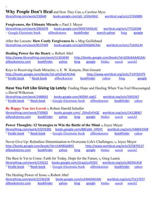 ~ 
Why People Don't Heal and How They Can; by Caroline Myss librarything.com/work/230640 books.google.com/qG_LD24slMsC worldcat.org/oclc/37260885 
Forgiveness, the Ultimate Miracle; by Paul J. Meyer 
librarything.com/work/2003478 books.google.com/ft6SF5K50cAC worldcat.org/oclc/77526508 
~ Google Electronic book allbookstores bookfinder search.yahoo bing google 
After the Locusts: How Costly Forgiveness Is; by Meg Guillebaud 
librarything.com/work/8537449 books.google.com/gZGDKQAACAAJ worldcat.or/oclc/71426134 
Healing Power for the Heart; by Robert Abel http://www.librarything.com/work/11363649 http://books.google.com/books?id=GObiAAAACAAJ allbookstores.com bookfinder yahoo bing google blekko search search2 
Keys to Receiving Gods Miracles; by E. W. Kenyon, Don Gossett http://books.google.com/books?id=aYelZwEACAAJ http://www.worldcat.org/oclc/714726379 ~ Kindle book ~ Nook book allbookstores bookfinder yahoo bing google 
Have You Felt Like Giving Up Lately: Finding Hope and Healing When You Feel Discouraged; by David Wilkerson librarything.com/work/1488692 books.google.com/40Z9tF-yIgEC worldcat.org/oclc/5992567 
~ Kindle book ~ Nook book ~ Google Electronic book allbookstores bookfinder yahoo 
Be Happy You Are Loved; by Robert Harold Schuller librarything.com/work/750902 books.google.com/_JSihxZnFhQC worldcat.org/oclc/14128067 
allbookstores.com bookfinder yahoo bing google blekko search search2 
Power Thoughts: 12 Strategies to Win the Battle of the Mind; by Joyce Meyer librarything.com/work/10276381 books.google.com/B8Ceb6_HYbYC worldcat.org/oclc/548641938 ~ Kindle book ~ Nook book ~ Google Electronic book allbookstores bookfinder yahoo 
Never Give Up: Relentless Determination to Overcome Life's Challenges; by Joyce Meyer http://books.google.com/books?id=irLNY8Gj6BYC http://www.worldcat.org/oclc/225870127 allbookstores.com bookfinder yahoo bing google blekko search search2 
The Best Is Yet to Come: Faith for Today, Hope for the Future; by Greg Laurie librarything.com/work/159222 books.google.com/Ucaq1sufVSEC worldcat.org/oclc/60341418 ~ Kindle book ~ Nook book ~ Google Electronic book allbookstores bookfinder yahoo 
The Healing Power of Jesus; by Robert Abel librarything.com/work/12196358 books.google.com/vv54AAAACAAJ worldcat.org/oclc/71217077 allbookstores.com bookfinder yahoo bing google blekko search search2 
 