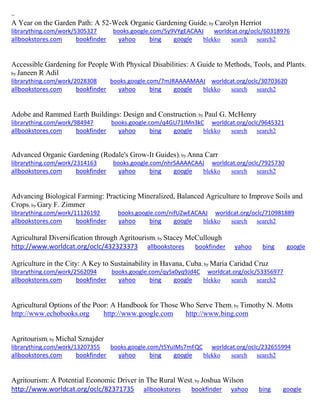 ~ 
A Year on the Garden Path: A 52-Week Organic Gardening Guide; by Carolyn Herriot librarything.com/work/5305327 books.google.com/5y9VYgEACAAJ worldcat.org/oclc/60318976 
allbookstores.com bookfinder yahoo bing google blekko search search2 
Accessible Gardening for People With Physical Disabilities: A Guide to Methods, Tools, and Plants; by Janeen R Adil librarything.com/work/2028308 books.google.com/7mJRAAAAMAAJ worldcat.org/oclc/30703620 
allbookstores.com bookfinder yahoo bing google blekko search search2 
Adobe and Rammed Earth Buildings: Design and Construction; by Paul G. McHenry librarything.com/work/984947 books.google.com/q4GU71IMn3kC worldcat.org/oclc/9645321 
allbookstores.com bookfinder yahoo bing google blekko search search2 
Advanced Organic Gardening (Rodale's Grow-It Guides); by Anna Carr librarything.com/work/2314163 books.google.com/nhrSAAAACAAJ worldcat.org/oclc/7925730 
allbookstores.com bookfinder yahoo bing google blekko search search2 
Advancing Biological Farming: Practicing Mineralized, Balanced Agriculture to Improve Soils and Crops; by Gary F. Zimmer librarything.com/work/11126192 books.google.com/nifUZwEACAAJ worldcat.org/oclc/710981889 
allbookstores.com bookfinder yahoo bing google blekko search search2 
Agricultural Diversification through Agritourism; by Stacey McCullough http://www.worldcat.org/oclc/432323373 allbookstores bookfinder yahoo bing google Agriculture in the City: A Key to Sustainability in Havana, Cuba; by Maria Caridad Cruz librarything.com/work/2562094 books.google.com/qySx0yq9Jd4C worldcat.org/oclc/53356977 
allbookstores.com bookfinder yahoo bing google blekko search search2 
Agricultural Options of the Poor: A Handbook for Those Who Serve Them; by Timothy N. Motts http://www.echobooks.org http://www.google.com http://www.bing.com 
Agritourism; by Michal Sznajder librarything.com/work/13207355 books.google.com/t5YuIMs7mFQC worldcat.org/oclc/232655994 
allbookstores.com bookfinder yahoo bing google blekko search search2 
Agritourism: A Potential Economic Driver in The Rural West; by Joshua Wilson http://www.worldcat.org/oclc/82371735 allbookstores bookfinder yahoo bing google  