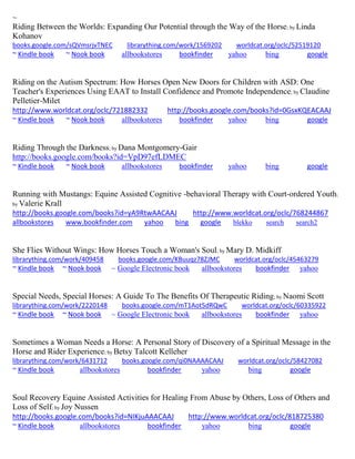 ~ Riding Between the Worlds: Expanding Our Potential through the Way of the Horse; by Linda Kohanov books.google.com/sQVmsrjvTNEC librarything.com/work/1569202 worldcat.org/oclc/52519120 ~ Kindle book ~ Nook book allbookstores bookfinder yahoo bing google 
Riding on the Autism Spectrum: How Horses Open New Doors for Children with ASD: One Teacher's Experiences Using EAAT to Install Confidence and Promote Independence; by Claudine Pelletier-Milet http://www.worldcat.org/oclc/721882332 http://books.google.com/books?id=0GsxKQEACAAJ ~ Kindle book ~ Nook book allbookstores bookfinder yahoo bing google 
Riding Through the Darkness; by Dana Montgomery-Gair http://books.google.com/books?id=VpD97efLDMEC ~ Kindle book ~ Nook book allbookstores bookfinder yahoo bing google 
Running with Mustangs: Equine Assisted Cognitive -behavioral Therapy with Court-ordered Youth; by Valerie Krall http://books.google.com/books?id=yA9RtwAACAAJ http://www.worldcat.org/oclc/768244867 
allbookstores www.bookfinder.com yahoo bing google blekko search search2 
She Flies Without Wings: How Horses Touch a Woman's Soul; by Mary D. Midkiff librarything.com/work/409458 books.google.com/KBuuqz78ZJMC worldcat.org/oclc/45463279 ~ Kindle book ~ Nook book ~ Google Electronic book allbookstores bookfinder yahoo 
Special Needs, Special Horses: A Guide To The Benefits Of Therapeutic Riding; by Naomi Scott librarything.com/work/2220148 books.google.com/mT1Aot5dRQwC worldcat.org/oclc/60335922 ~ Kindle book ~ Nook book ~ Google Electronic book allbookstores bookfinder yahoo 
Sometimes a Woman Needs a Horse: A Personal Story of Discovery of a Spiritual Message in the Horse and Rider Experience; by Betsy Talcott Kelleher librarything.com/work/6431712 books.google.com/qi0NAAAACAAJ worldcat.org/oclc/58427082 ~ Kindle book allbookstores bookfinder yahoo bing google 
Soul Recovery Equine Assisted Activities for Healing From Abuse by Others, Loss of Others and Loss of Self; by Joy Nussen http://books.google.com/books?id=NIKjuAAACAAJ http://www.worldcat.org/oclc/818725380 ~ Kindle book allbookstores bookfinder yahoo bing google 
 