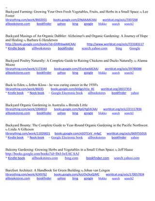 ~ Backyard Farming: Growing Your Own Fresh Vegetables, Fruits, and Herbs in a Small Space; by Lee Foster librarything.com/work/8602055 books.google.com/ZINjAAAACAAJ worldcat.org/oclc/7307268 
allbookstores.com bookfinder yahoo bing google blekko search search2 
Backyard Musings of An Organic Dabbler: Alzheimer's and Organic Gardening: A Journey of Hope and Healing; by Barbara G Henderson http://books.google.com/books?id=GhRhbwAACAAJ http://www.worldcat.org/oclc/723183117 ~ Kindle book allbookstores bookfinder search.yahoo.com bing Google 
Backyard Poultry Naturally: A Complete Guide to Raising Chickens and Ducks Naturally; by Alanna Moore librarything.com/work/1173344 books.google.com/FEvLKwAACAAJ worldcat.org/oclc/39780088 
allbookstores.com bookfinder yahoo bing google blekko search search2 
Back to Eden; by Jethro Kloss - he was curing cancer in the 1930's librarything.com/work/86035 books.google.com/blIQgUVUy_8C worldcat.org/28157353 
~ Kindle book ~ Nook book ~ Google Electronic book allbookstores bookfinder yahoo 
Backyard Organic Gardening in Australia; by Brenda Little librarything.com/work/1004810 books.google.com/KpGlYgEACAAJ worldcat.org/oclc/221117836 
allbookstores.com bookfinder yahoo bing google blekko search search2 
Backyard Bounty: The Complete Guide to Year-Round Organic Gardening in the Pacific Northwest; by Linda A Gilkeson librarything.com/work/11026821 books.google.com/xSOTCeV_m4gC worldcat.org/oclc/669755016 ~ Kindle book ~ Nook book ~ Google Electronic book allbookstores bookfinder yahoo 
Balcony Gardening: Growing Herbs and Vegetables in a Small Urban Space; by Jeff Haase http://books.google.com/books?id=DrJ-lwEACAAJ ~ Kindle book allbookstores.com bing.com bookfinder.com search.yahoo.com 
Barefoot Architect: A Handbook for Green Building; by Johan van Lengen librarything.com/work/4249762 books.google.com/AzUOx2kaQJMC worldcat.org/oclc/170057834 
allbookstores.com bookfinder yahoo bing google blekko search search2 
 