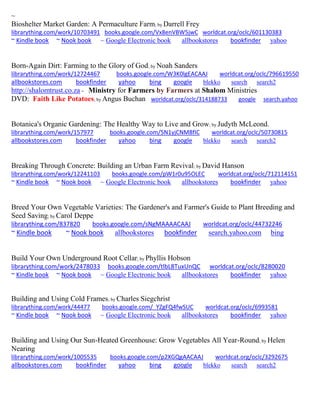 ~ 
Bioshelter Market Garden: A Permaculture Farm; by Darrell Frey 
librarything.com/work/10703491 books.google.com/Vx8enVBW5jwC worldcat.org/oclc/601130383 
~ Kindle book ~ Nook book ~ Google Electronic book allbookstores bookfinder yahoo 
Born-Again Dirt: Farming to the Glory of God; by Noah Sanders librarything.com/work/12724467 books.google.com/W3K0lgEACAAJ worldcat.org/oclc/796619550 
allbookstores.com bookfinder yahoo bing google blekko search search2 
http://shalomtrust.co.za - Ministry for Farmers by Farmers at Shalom Ministries 
DVD: Faith Like Potatoes; by Angus Buchan worldcat.org/oclc/314188733 google search.yahoo 
Botanica's Organic Gardening: The Healthy Way to Live and Grow; by Judyth McLeond. librarything.com/work/157977 books.google.com/5N1yjCNM8fIC worldcat.org/oclc/50730815 
allbookstores.com bookfinder yahoo bing google blekko search search2 
Breaking Through Concrete: Building an Urban Farm Revival; by David Hanson 
librarything.com/work/12241103 books.google.com/pW1r0u95OLEC worldcat.org/oclc/712114151 
~ Kindle book ~ Nook book ~ Google Electronic book allbookstores bookfinder yahoo 
Breed Your Own Vegetable Varieties: The Gardener's and Farmer's Guide to Plant Breeding and Seed Saving; by Carol Deppe librarything.com/837820 books.google.com/sNgMAAAACAAJ worldcat.org/oclc/44732246 ~ Kindle book ~ Nook book allbookstores bookfinder search.yahoo.com bing 
Build Your Own Underground Root Cellar; by Phyllis Hobson librarything.com/work/2478033 books.google.com/tlbL8TuxUnQC worldcat.org/oclc/8280020 ~ Kindle book ~ Nook book ~ Google Electronic book allbookstores bookfinder yahoo 
Building and Using Cold Frames; by Charles Siegchrist 
librarything.com/work/44477 books.google.com/_YZgFQ4fwSUC worldcat.org/oclc/6993581 
~ Kindle book ~ Nook book ~ Google Electronic book allbookstores bookfinder yahoo 
Building and Using Our Sun-Heated Greenhouse: Grow Vegetables All Year-Round; by Helen Nearing librarything.com/work/1005535 books.google.com/p2XGQgAACAAJ worldcat.org/oclc/3292675 
allbookstores.com bookfinder yahoo bing google blekko search search2 
 