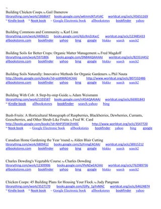 ~ 
Building Chicken Coops; by Gail Damerow librarything.com/work/1868647 books.google.com/wKmmjNTaYz4C worldcat.org/oclc/45651169 ~ Kindle book ~ Nook book ~ Google Electronic book allbookstores bookfinder yahoo 
Building Commons and Community; by Karl Linn librarything.com/work/4406621 books.google.com/4jGcRmZcKacC worldcat.org/oclc/123485433 
allbookstores.com bookfinder yahoo bing google blekko search search2 
Building Soils for Better Crops: Organic Matter Management; by Fred Magdoff librarything.com/work/5971806 books.google.com/DN84AQAAIAAJ worldcat.org/oclc/823514452 
allbookstores.com bookfinder yahoo bing google blekko search search2 
Building Soils Naturally: Innovative Methods for Organic Gardeners; by Phil Nauta http://books.google.com/books?id=aJdtMAEACAAJ http://www.worldcat.org/oclc/807332486 
allbookstores.com bookfinder yahoo bing google blekko search search2 
Building With Cob: A Step-by-step Guide; by Adam Weismann 
librarything.com/work/1103587 books.google.com/ri45AQAAIAAJ worldcat.org/oclc/66901843 
~ Kindle book allbookstores bookfinder search.yahoo bing 
Bush-Fruits: A Horticultural Monograph of Raspberries, Blackberries, Dewberries, Currants, Gooseberries, and Other Shrub-Like Fruits; by Fred W. Card http://books.google.com/books?id=NHP3f3W2hH0C http://www.worldcat.org/oclc/3547720 ~ Nook book ~ Google Electronic book allbookstores bookfinder yahoo bing google 
Canadian Home Gardening the Year 'round; by Alden Blair Cutting librarything.com/work/6809412 books.google.com/2yYnmgEACAAJ worldcat.org/oclc/38915212 
allbookstores.com bookfinder yahoo bing google blekko search search2 
Charles Dowding's Vegetable Course; by Charles Dowding librarything.com/work/12309906 books.google.com/IPeNZwEACAAJ worldcat.org/oclc/762989736 
allbookstores.com bookfinder yahoo bing google blekko search search2 
Chicken Coops: 45 Building Plans for Housing Your Flock; by Judy Pangman librarything.com/work/3527170 books.google.com/GlPy_1pYvMAC worldcat.org/oclc/64624874 ~ Kindle book ~ Nook book ~ Google Electronic book allbookstores bookfinder yahoo 
 