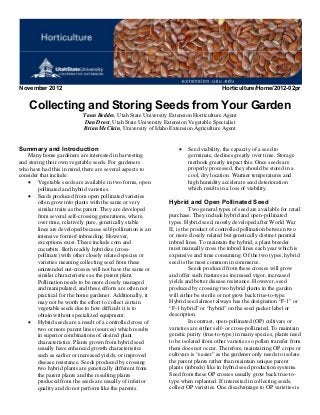November 2012 Horticulture/Home/2012-02pr 
Collecting and Storing Seeds from Your Garden 
Taun Beddes, Utah State University Extension Horticulture Agent 
Dan Drost, Utah State University Extension Vegetable Specialist 
Brian McClain, University of Idaho Extension Agriculture Agent 
Summary and Introduction 
Many home gardeners are interested in harvesting 
and storing their own vegetable seeds. For gardeners 
who have had this in mind, there are several aspects to 
consider that include: 
 Vegetable seeds are available in two forms, open 
pollinated and hybrid varieties. 
 Seeds produced from open pollinated varieties 
often grow into plants with the same or very 
similar traits as the parent. They are developed 
from several self-crossing generations, where, 
over time, relatively pure, genetically stable 
lines are developed because self-pollination is an 
intensive form of inbreeding. However, 
exceptions exist. These include corn and 
cucurbits. Both readily hybridize (cross-pollinate) 
with other closely related species or 
varieties meaning collecting seed from these 
unintended out-crosses will not have the same or 
similar characteristics as the parent plant. 
Pollination needs to be more closely managed 
and manipulated, and these efforts are often not 
practical for the home gardener. Additionally, it 
may not be worth the effort to collect certain 
vegetable seeds due to how difficult it is to 
obtain without specialized equipment. 
 Hybrid seeds are a result of a controlled cross of 
two or more parent lines (sources) which results 
in superior combinations of desired plant 
characteristics. Plants grown from hybrid seed 
usually have enhanced growth characteristics 
such as earlier or increased yields, or improved 
disease resistance. Seeds produced by crossing 
two hybrid plants are genetically different from 
the parent plants and the resulting plants 
produced from the seeds are usually of inferior 
quality and do not perform like the parents. 
 Seed viability, the capacity of a seed to 
germinate, declines greatly over time. Storage 
methods greatly impact this. Once seeds are 
properly processed, they should be stored in a 
cool, dry location. Warmer temperatures and 
high humidity accelerate seed deterioration 
which results in a loss of viability. 
Hybrid and Open Pollinated Seed 
Two general types of seed are available for retail 
purchase. They include hybrid and open-pollinated 
types. Hybrid seed, mostly developed after World War 
II, is the product of controlled pollination between two 
or more closely related but genetically distinct parental 
inbred lines. To maintain the hybrid, a plant breeder 
must manually cross the inbred lines each year which is 
expensive and time consuming. Of the two types, hybrid 
seed is the most common in commerce. 
Seeds produced from these crosses will grow 
and offer such features as increased vigor, increased 
yields and better disease resistance. However, seed 
produced by crossing two hybrid plants in the garden 
will either be sterile or not grow back true-to-type. 
Hybrid seed almost always has the designation “F-1” or 
“F-1 hybrid” or “hybrid” on the seed packet label or 
description. 
In contrast, open-pollinated (OP) cultivars or 
varieties are either self- or cross-pollinated. To maintain 
genetic purity (true-to-type) in many species, plants need 
to be isolated from other varieties so pollen transfer from 
them does not occur. Therefore, maintaining OP crops or 
cultivars is “easier” as the gardener only needs to isolate 
the parent plants rather than maintain unique parent 
plants (inbreds) like in hybrid seed production systems. 
Seed from these OP crosses usually grow back true-to-type 
when replanted. If interested in collecting seeds, 
collect OP varieties. One disadvantage to OP varieties is 
 