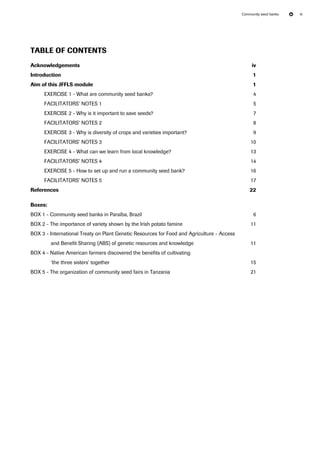 Community seed banks iii 
Table of contentS 
Acknowledgements iv 
Introduction 1 
Aim of this JFFLS module 1 
Exercise 1 - What are community seed banks? 4 
Facilitators’ notes 1 5 
Exercise 2 - Why is it important to save seeds? 7 
Facilitators’ notes 2 8 
Exercise 3 - Why is diversity of crops and varieties important? 9 
Facilitators’ notes 3 10 
Exercise 4 - What can we learn from local knowledge? 13 
Facilitators’ notes 4 14 
Exercise 5 - How to set up and run a community seed bank? 16 
Facilitators’ notes 5 17 
References 22 
Boxes: 
Box 1 - Community seed banks in Paraíba, Brazil 6 
Box 2 - The importance of variety shown by the Irish potato famine 11 
Box 3 - International Treaty on Plant Genetic Resources for Food and Agriculture - Access 
and Benefit Sharing (ABS) of genetic resources and knowledge 11 
Box 4 - Native American farmers discovered the benefits of cultivating 
‘the three sisters’ together 15 
Box 5 - The organization of community seed fairs in Tanzania 21 
 