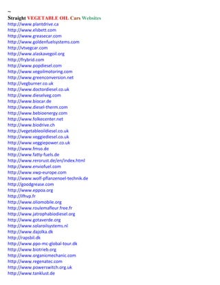 ~ 
Straight VEGETABLE OIL Cars Websites 
http://www.plantdrive.ca http://www.elsbett.com 
http://www.greasecar.com 
http://www.goldenfuelsystems.com 
http://vtvegcar.com 
http://www.alaskavegoil.org 
http://frybrid.com 
http://www.popdiesel.com 
http://www.vegoilmotoring.com 
http://www.greenconversion.net 
http://vegburner.co.uk 
http://www.doctordiesel.co.uk 
http://www.dieselveg.com 
http://www.biocar.de 
http://www.diesel-therm.com 
http://www.bebioenergy.com 
http://www.folkecenter.net 
http://www.biodrive.ch 
http://vegetableoildiesel.co.uk http://www.veggiediesel.co.uk http://www.veggiepower.co.uk http://www.fmso.de http://www.fatty-fuels.de http://www.rerorust.de/en/index.html http://www.enviofuel.com http://www.vwp-europe.com http://www.wolf-pflanzenoel-technik.de 
http://goodgrease.com 
http://www.eppoa.org 
http://ifhvp.fr 
http://www.oliomobile.org 
http://www.roulemafleur.free.fr 
http://www.jatrophabiodiesel.org 
http://www.gotaverde.org 
http://www.solaroilsystems.nl 
http://www.dajolka.dk 
http://rapsbil.dk 
http://www.ppo-mc-global-tour.dk 
http://www.biotrieb.org 
http://www.organicmechanic.com 
http://www.regenatec.com 
http://www.powerswitch.org.uk 
http://www.tanklust.de  