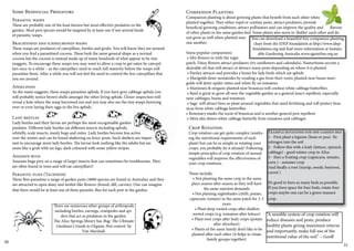 Companion Planting 
Companion planting is about growing plants that benefit from each other when 
planted together. They either repel or confuse pests, attract predators, provide 
beneficial growing conditions, attract pollinators and can improve the quality and flavour 
of other plants in the same garden bed. Some plants also seem to ‘dislike’ each other and do 
not grow as well when planted near 
one another. 
Some popular companions: 
• Mix flowers in with the vegie 
patch. Daisy flowers attract predators (try sunflowers and calendula). Nasturtiums secrete a 
desirable oil that will attract or detract many pests depending on where it is planted 
• Parsley attracts and provides a home for lady birds which eat aphids 
• Marigolds deter nematodes by exuding a gas from their roots; planted near beans mari-golds 
You can download a beautiful free companion planting 
chart from the IDEP foundation at http://www.idep-foundation. 
org and find more information at Sustain-able 
Gardening Australia www.sgaonline.org.au 
will deter spider mites and white fly on tomatoes 
• Marjoram & oregano planted near brassicas will confuse white cabbage butterflies 
• Basil is great to grow all over the vegetable garden as a general insect repellent, especially 
near cabbages, beans and tomatoes 
• Sage will attract bees so plant around vegetables that need fertilising and will protect bras-sicas 
• Rosemary masks the scent of brassicas and is another general pest repellent 
• Mint also deters white cabbage butterfly from tomatoes and cabbages 
Example rotations for one garden bed 
1 - First plant a legume (bean or pea)- fix 
nitrogen into the soil 
2 - Follow this with a leafy (lettuce, spinach, 
cabbage) - good winter crop in Alice 
3 - then a fruiting crop (capsicum, tomato, 
corn ) - summer crop 
And finally a root (turnip, swede, beetroot, 
carrot ) 
It’s good to have as many beds as possible. 
If you have space for four beds, rotate four 
crops maybe one can be a green manure 
crop . 
“A sensible system of crop rotation will 
reduce diseases and pests, produce 
healthy plants giving maximum returns 
and importantly, make full use of the 
nutritional value of the soil.” – Geoff 
from white cabbage butterflies 
Crop Rotation 
Crop rotation can get quite complex (analys-ing 
the nutritional requirements of each 
plant) but can be as simple as rotating your 
crops, you probably do it already! Following 
simple principles of crop rotation of annual 
vegetables will improve the effectiveness of 
your crop rotations. 
These include: 
• Not planting the same crop in the same 
place season after season as they will have 
the same nutrient demands 
• Not planting nightshades (chilli, potato, 
capsicum, tomato) in the same patch for 2-3 
years 
• Plant deep rooted crops after shallow 
rooted crops (e.g. tomatoes after lettuce) 
• Plant root crops after leafy crops (potato 
after silverbeet) 
• Plants of the same family don’t like to be 
planted after each other (it helps to rotate 
family groups together) 
Some Beneficial Predators 
Parasitic wasps 
These are probably one of the least known but most effective predators in the 
garden. Most pest species would be targeted by at least one if not several kinds 
of parasitic wasps. 
Brachyonid and ichneumonid wasps 
These wasps are predators of caterpillars, beetles and grubs. You will know they are around 
when you find a parasitised cocoon. These look the same general shape as a normal 
cocoon but the cocoon is instead made up of many hundreds of what appear to be tiny 
maggots. To encourage these wasps you may want to allow a crop to get eaten by caterpil-lars 
once in a while – as the caterpillars need to reach full maturity before the wasps will 
parasitise them. After a while you will not feel the need to control the few caterpillars that 
you see around. 
Aphelinids 
As the name suggests, these wasps parasitise aphids. If you have grey cabbage aphids you 
will probably notice brown shells amongst the other living aphids. Closer inspection will 
reveal a hole where the wasp burrowed out and you may also see the tiny wasps hovering 
over or even laying their eggs in the live aphids. 
Lady beetles 
Lady beetles and their larvae are perhaps the most recognisable garden 
predator. Different lady beetles eat different insects including aphids, 
whitefly, scale insects, mealy bugs and mites. Lady beetles become less active 
over the winter and can be found sheltering on fence posts. Such shelters are impor-tant 
to encourage more lady beetles. The larvae look nothing like the adults but are 
more like a grub with six legs, dark coloured with some yellow stripes. 
Assassin bugs 
Assassin bugs prey on a range of larger insects that can sometimes be troublesome. They 
are often found in trees and will eat caterpillars!! 
Parasitic flies (Tachnids) 
These flies parasitise a range of garden pests (4000 species are found in Australia) and they 
are attracted to open daisy and umbel-like flowers (fennel, dill, carrots). One can imagine 
that there would be at least one of these parasitic flies for each pest in the garden. 
There are numerous other groups of arthropods 
including beetles, earwigs, centipedes and spi-ders 
that act as predators in the garden. 
The Alice Springs library has Bug: The Ultimate 
Gardener's Guide to Organic Pest control by 
Tim Marshall. 
30 31 
 