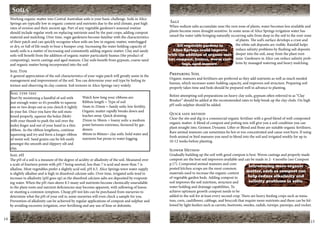 Soils 
Working organic matter into Central Australian soils is your basic challenge. Soils in Alice 
Springs are typically low in organic content and nutrients due to the arid climate, past high 
rates of erosion and their ancient age. Part of any vegetable gardener’s seasonal routine 
should include regular work on replacing nutrients used by the past crops, adding compost 
material and mulching. Over time, vegie gardeners become familiar with the characteristics 
of their patch and can quickly recognise when soils are low in organic matter, waterlogged 
or dry, or full of life ready to bear a bumper crop. Increasing the water holding capacity of 
sandy soils is a matter of increasing and consistently adding organic matter. Clay and sandy 
soils will benefit from the addition of organic matter particularly humus (the product of 
composting), worm castings and aged manure. Clay soils benefit from gypsum, coarse sand 
and organic matter being incorporated into the soil. 
Soil Type 
A general appreciation of the soil characteristics of your vegie patch will greatly assist in the 
management and improvement of the soil. You can determine your soil type by feeling its 
texture and observing its clay content. Soil textures in Alice Springs vary widely. 
Soil type test 
Start by moistening a handful of soil with 
just enough water so it’s possible to squeeze 
one or two drops out as you clench it tightly 
in your fist. Once you have the soil mois-tened 
properly, squeeze the bolus (blob) 
with your thumb to push the soil over the 
index finger and out of your hand in a thin 
ribbon. As the ribbon lengthens, continue 
squeezing and try and form a longer ribbon 
of moist soil. Sand grains can be felt easily 
amongst the smooth and slippery silt and 
clay. 
Watch how long your ribbons are: 
Ribbon length = Type of soil 
5mm to 25mm = Sandy soils: low fertility. 
Organic matter rapidly breaks down and 
leaches away. Quick draining. 
25mm to 38mm = loamy soils: a medium 
point between extremes, favoured by gar-deners. 
40mm to 80mm= clay soils: hold water and 
nutrients but prone to water logging. 
Soil pH 
The pH of a soil is a measure of the degree of acidity or alkalinity of the soil. Measured over 
a scale of fourteen points with pH 7 being neutral, less than 7 is acid and more than 7 is 
alkaline. Most vegetables prefer a slightly acid soil, pH 6.5. Alice Springs town water supply 
is slightly alkaline and is high in dissolved calcium salts. Over time, irrigated soils tend to 
increase in alkalinity (pH goes up) as the dissolved calcium salts are deposited by evaporat-ing 
water. When the pH rises above 8.5 many soil nutrients become chemically unavailable 
to the plant roots and nutrient deficiencies may become apparent, with yellowing of leaves 
or stunting a common symptom. Cheap pH test kits can be purchased from nurseries to 
determine what the pH of your soil is; some nurseries will even check a sample for you. 
Prevention of alkalinity can be achieved by regular applications of compost and sulphur and 
by avoiding excessive irrigation, over-fertilising and any use of lime or dolomite. 
Salt 
When sodium salts accumulate near the root zone of plants, water becomes less available and 
plants become more drought sensitive. In some areas of Alice Springs irrigation water has 
raised the water table bringing naturally occurring salts from deep in the soil to the root-zone 
of plants. The soil’s surface develops a crust and 
the white salt deposits are visible. Rainfall helps 
reduce salinity problems by flushing salt deposits 
deeper into the soil, away from the plant root-zone. 
Gardeners in Alice can reduce salinity prob-lems 
by managed watering and heavy mulching. 
All vegetable gardens in 
Alice Springs could improve 
with the addition of organic mat-ter; 
compost, humus, worm cast-ings, 
aged manure. 
Preparing Soil 
Organic manures and fertilisers are preferred as they add nutrients as well as much needed 
humus, which increases water-holding capacity, and improves soil structure. Preparing soil 
properly takes time and beds should be prepared well in advance to planting. 
Before attempting soil preparations on heavy clay soils, gypsum often referred to as “Clay 
Breaker” should be added at the recommended rates to help break up the clay clods. On high 
pH soils sulphur should be added. 
Quick safe method 
Clear the site and dig in a commercial organic fertiliser with a good blend of well-composted 
organic matter. A blend of compost and potting mix will give you a soil condition you can 
plant straight into. Gromor, Dynamic Lifter or Blood and Bone are suitable organic fertilisers. 
Rare animal manures can sometimes be hot or too concentrated and cause root burn. If using 
fresh animal or bird manures you need to blend into the soil and irrigated weekly for up to 
10-12 weeks before planting. 
Slower Method 
Gradually building up the soil with good compost is best. Worm castings and properly made 
compost are the best soil improvers available and can be made in 2- 4 months (see Compost 
p.17). Composted animal manures and com-posted 
kitchen scraps are the most common 
Introducing more organic 
matter, such as compost can 
help reduce alkalinity and 
salinity problems in soils. 
materials used to increase the organic content 
of vegetable garden beds. Adding compost to 
soil improves the soil nutrition, structure and 
water holding and drainage capabilities. To 
achieve optimum growth compost needs to be 
added to the soil for at least every second crop. There are heavy feeding crops such as toma-toes, 
corn, cauliflower, cabbage, and broccoli that require more nutrients and these can be fol-lowed 
by light feeders such as carrots, beetroots, swedes, radish, turnips, parsnips, and rocket. 
14 15 
 