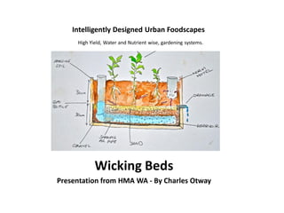 Intelligently Designed Urban Foodscapes 
High Yield, Water and Nutrient wise, gardening systems. 
Wicking Beds 
Presentation from HMA WA - By Charles Otway 
 