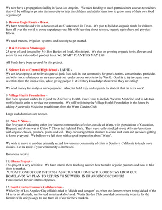 We now have a propagation facility in West Los Angeles. We need funding to teach permaculture courses to teachers 
that will be willing to go into the inner-city to help the children and adults learn how to grow more of their own food 
organically! 
6. Browns Eagle Ranch - Texas.. 
We have been blessed with a donation of an 87 acre ranch in Texas. We plan to build an organic ranch for children 
from all over the world to come experience rural life with learning about science, organic agriculture and physical 
fitness. 
We need tractors, irrigation systems. and housing to get started. 
7. B & B Farm in Mississippi. 
25 acres of land donated by Mr. Ben Burkett of Petal, Mississippi. We plan on growing organic herbs, flowers and 
seeds for our value-added product lines. WE START PLANTING MAY 15th! 
All Funds have been secured for this project. 
8. Science Lab at Central High School - LAUSD - 
We are developing a lab to investigate all junk food sold in our community for gmo's, toxins, contaminates, pesticides 
and other toxic substances so we can report our results on our website to the World. Goal is to try to create more 
scientists from the inner-cities, while giving people 21st Century knowledge about what they are eating! 
We need money for analysis and equipment. Also, for field trips and stipends for student that do extra work! 
9. Village Health Foundation – 
Our fiscal sponsor wishes to expand the Alternative Health Care Clinic to include Western Medicine, and to add two 
mobile health units to service our community. We will be joining the Village Health Foundation in the future by 
adding Ayurevedic Medicine practitioners from the Watts Garden Club. 
Large cash donations are needed. 
10. Nino Y Ninas – 
Our first year of educating other low-income communities of color, outside of Watts, with populations of Caucasian, 
Hispanic and Asian was at Chico Y Chicas in Highland Park. They were really shocked to see African-Americans 
with organic classes, produce, plants and soil. They encouraged their children to come and learn and we loved getting 
to know everyone! We believe we left them with a good impression about "Watts". 
We wish to move to another primarily mixed low-income community of color in Southern California to teach more 
classes - Let us know if your community is interested. 
Donations needed. 
11. Ghana Project – 
This project is very sensitive. We have interns there teaching women how to make organic products and how to take 
them to market. 
*UPDATE: ONE OF OUR INTERNS HAS RETURNED HOME WITH GOOD NEWS FROM OUR 
HOMELAND! WE PLAN TO RETURN TO NETWORK IN OR AROUND DECEMBER! 
Funds needed for our Interns expenses. 
12. South Central Farmers Collaboration -. 
While City of Los Angeles City officials tried to "divide and conquer" us, when the farmers where being kicked of the 
14 acres on Alameda, we formed an unbreakable bond. Watts Garden Club provided community security for the 
farmers with safe passage to and from all of our farmers markets. 
 