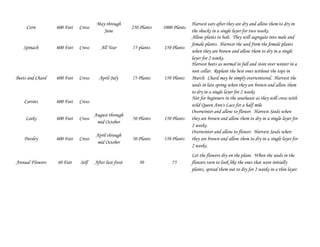 Corn 600 Feet Cross 
May through 
June 
250 Plants 1000 Plants 
Harvest ears after they are dry and allow them to dry in 
the shucks in a single layer for two weeks. 
Spinach 600 Feet Cross All Year 75 plants 150 Plants 
Allow plants to bolt. They will segregate into male and 
female plants. Harvest the seed from the female plants 
when they are brown and allow them to dry in a single 
layer for 2 weeks. 
Beets and Chard 600 Feet Cross April-July 75 Plants 150 Plants 
Harvest beets as normal in fall and store over winter in a 
root cellar. Replant the best ones without the tops in 
March. Chard may be simply overwintered. Harvest the 
seeds in late spring when they are brown and allow them 
to dry in a single layer for 2 weeks 
Carrots 600 Feet Cross 
Not for beginners in the southeast as they will cross with 
wild Queen Ann's Lace for a half mile 
Leeks 600 Feet Cross 
August through 
mid October 
50 Plants 150 Plants 
Overwinter and allow to flower. Harvest Seeds when 
they are brown and allow them to dry in a single layer for 
2 weeks. 
Parsley 600 Feet Cross 
April through 
mid October 
50 Plants 150 Plants 
Overwinter and allow to flower. Harvest Seeds when 
they are brown and allow them to dry in a single layer for 
2 weeks. 
Annual Flowers 40 Feet Self After last frost 30 75 
Let the flowers dry on the plant. When the seeds in the 
flowers turn to look like the ones that were initially 
plants, spread them out to dry for 2 weeks in a thin layer. 
 