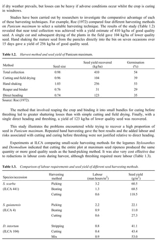 if dry weather prevails, but losses can be heavy if adverse conditions occur whilst the crop is curing 
in windrows. 
Studies have been carried out by researchers to investigate the comparative advantage of each 
of these harvesting techniques. For example, Roe (1972) compared four different harvesting methods 
on Panicum maximum to select a suitable harvesting technique. The results of the study (Table 1.2) 
revealed that near total collection was achieved with a yield estimate of 410 kg/ha of good quality 
seed. A single cut and subsequent drying of the plants in the field gave 104 kg/ha of lower quality 
seed. Hand shaking the mature seed from the panicles directly into the bin on seven occasions over 
15 days gave a yield of 256 kg/ha of good quality seed. 
Table 1.2. Harvest method and seed yield of Panicum maximum. 
Method Seed size 
Seed yield recovered 
(kg/ha) 
Germination 
(%) 
Total collection 0.98 410 54 
Cutting and field drying 0.96 104 39 
Hand shaking 1.03 256 53 
Reaper and binder 0.76 31 29 
Direct heading 0.74 123 35 
Source: Roe (1972). 
The method that involved reaping the crop and binding it into small bundles for curing before 
threshing led to greater shattering losses than with simple cutting and field drying. Finally, with a 
single direct heading and threshing, a yield of 123 kg/ha of lower quality seed was recovered. 
This study illustrates the problems encountered while trying to recover a high proportion of 
seed in Panicum maximum. Repeated hand harvesting gave the best results and the added labour and 
risks associated with cutting and curing before threshing were not justified relative to direct heading. 
Experiments at ILCA comparing small-scale harvesting methods for the legumes Stylosanthes 
and Desmodium indicated that cutting the entire plot at maximum seed ripeness produced the same 
quantity or more good quality seeds as the hand-picking method. It was also very cost effective due 
to reductions in labour costs during harvest, although threshing required more labour (Table 1.3). 
Table 1.3. Comparison of labour requirements and seed yield of different seed harvesting methods. 
Species/accession 
Harvesting 
method 
Labour 
(man hours/m2) 
Seed yield 
(g/m2) 
S. scarba Picking 3.2 60.5 
(ILCA 441) Beating 1.3 68.5 
Cutting 0.6 118.5 
S. guianensis Picking 2.2 22.1 
(ILCA 4) Beating 0.9 11.0 
Cutting 0.6 27.3 
D. intortum Stripping 0.8 41.1 
(ILCA 104) Cutting 0.4 43.4 
Mix 0.9 53.0 
 