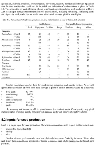 application, planting, irrigation, crop protection, harvesting, security, transport and storage. Specialist 
fees for seed certification could also be included. An indication of variable costs is given in Table 
5.1. This shows the per cent allocation of cost to different operations during seed production at Debre 
Zeit in Ethiopia during establishment and post-establishment, including harvesting. Harvesting costs 
are higher for seed production on trellis than with sward but seed yield is also higher. 
Table 5.1. Per cent cost of different operations for field multiplication of seed at Debre Zeit, Ethiopia. 
Establishment Post-establishment/Crop raising 
Seed Equipment Fertiliser Sprays Fertiliser Spray Other 
Legumes 
Desmodium --Sward 17 21 44 17 80 20 -- 
--Trellis -- 100 -- -- 2 13 85 
Macrotyloma --Sward 3 25 52 20 35 63 2 
--Trellis -- 100 -- -- 2 12 86 
Neonotonia --Sward 12 22 47 18 80 -- 20 
--Trellis -- 100 -- -- 1 3 92 
Macroptilium --Sward 42 15 31 12 26 63 11 
--Trellis -- 100 -- -- 3 29 68 
Stylosanthes --Sward 20 20 43 17 54 30 16 
Trifolium --Sward 43 10 36 10 38 20 42 
Grasses 
Brachiaria -- 51 26 23 7 68 25 
Chloris gayana -- 29 -- 7 17 23 -- 
Panicum -- 29 -- -- -- 90 10 
Setaria 100 -- -- -- 11 53 36 
Urochloa -- -- 13 -- -- -- -- 
Similar calculations can be done for conditioning, marketing and quality control. An overall 
approximate allocation of costs from field through to point of sale in Ethiopia would be as follows: 
· field costs 30--40% 
· conditioning 7--17% 
· storage 7% 
· sales commission 10% 
· overheads 15--25% 
· profit 15--30% 
In summary net income would be gross income less variable costs. Consequently, any yield 
increases (plus or minus quality bonuses) with reduced costs will ensure satisfactory returns. 
5.2 Inputs for seed production 
Land is a major input for seed production. The main considerations with respect to this variable are: 
· availability (owned/rented) 
· quality 
· size. 
Small-scale seed producers who own land obviously have more flexibility in its use. Those who 
rent it may face an additional constraint of having to produce seed while incurring costs through rent 
payment. 
 