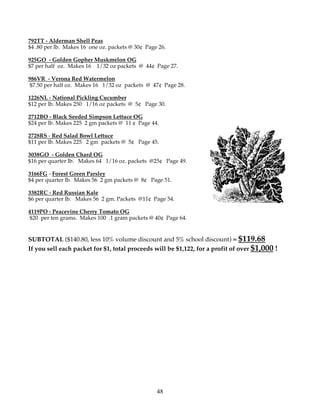 792TT - Alderman Shell Peas 
$4 .80 per lb. Makes 16 one oz. packets @ 30¢ Page 26. 
925GO - Golden Gopher Muskmelon OG 
$7 per half oz. Makes 16 1/32 oz packets @ 44¢ Page 27. 
986VR - Verona Red Watermelon 
$7.50 per half oz. Makes 16 1/32 oz packets @ 47¢ Page 28. 
1226NL - National Pickling Cucumber 
$12 per lb. Makes 250 1/16 oz packets @ 5¢ Page 30. 
2712BO - Black Seeded Simpson Lettuce OG 
$24 per lb. Makes 225 2 gm packets @ 11 ¢ Page 44. 
2728RS - Red Salad Bowl Lettuce 
$11 per lb. Makes 225 2 gm packets @ 5¢ Page 45. 
3038GO - Golden Chard OG 
$16 per quarter lb. Makes 64 1/16 oz. packets @25¢ Page 49. 
3166FG - Forest Green Parsley 
$4 per quarter lb. Makes 56 2 gm packets @ 8¢ Page 51. 
3382RC - Red Russian Kale 
$6 per quarter lb. Makes 56 2 gm. Packets @11¢ Page 54. 
4119PO - Peacevine Cherry Tomato OG 
$20 per ten grams. Makes 100 .1 gram packets @ 40¢ Page 64. 
SUBTOTAL ($140.80, less 10% volume discount and 5% school discount) = $119.68 
If you sell each packet for $1, total proceeds will be $1,122, for a profit of over $1,000 ! 
48 
 