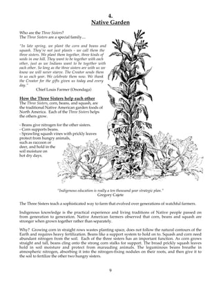 4. 
Native Garden 
9 
Who are the Three Sisters? 
The Three Sisters are a special family.... 
“In late spring, we plant the corn and beans and 
squash. They're not just plants - we call them the 
three sisters. We plant them together, three kinds of 
seeds in one hill. They want to be together with each 
other, just as we Indians want to be together with 
each other. So long as the three sisters are with us we 
know we will never starve. The Creator sends them 
to us each year. We celebrate them now. We thank 
the Creator for the gifts given us today and every 
day.” 
Chief Louis Farmer (Onondaga) 
How the Three Sisters help each other 
The Three Sisters, corn, beans, and squash, are 
the traditional Native American garden foods of 
North America. Each of the Three Sisters helps 
the others grow. 
- Beans give nitrogen for the other sisters. 
- Corn supports beans. 
- Sprawling squash vines with prickly leaves 
protect from hungry animals, 
such as raccoon or 
deer, and hold in the 
soil moisture on 
hot dry days. 
“Indigenous education is really a ten thousand year strategic plan.” 
Gregory Cajete 
The Three Sisters teach a sophisticated way to farm that evolved over generations of watchful farmers. 
Indigenous knowledge is the practical experience and living traditions of Native people passed on 
from generation to generation. Native American farmers observed that corn, beans and squash are 
stronger when grown together rather than separately. 
Why? Growing corn in straight rows wastes planting space, does not follow the natural contours of the 
Earth and requires heavy fertilization. Beans like a support system to hold on to. Squash and corn need 
abundant nitrogen from the soil. Each of the three sisters has an important function. As corn grows 
straight and tall, beans cling onto the strong corn stalks for support. The broad prickly squash leaves 
hold in soil moisture and protect from marauding animals. The leguminous beans breathe in 
atmospheric nitrogen, absorbing it into the nitrogen-fixing nodules on their roots, and then give it to 
the soil to fertilize the other two hungry sisters. 
 