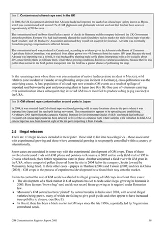 Box C: Contaminated oilseed rape seed in the UK 
In 2000, the UK Government admitted that Advanta Seeds had imported the seed of an oilseed rape variety known as Hyola, 
which was contaminated with around 1% of GM glyphosate and glufosinate tolerant seed and that this had been sown on 
approximately 4,700 hectares. 
The contaminated seed had been identified as a result of checks in Germany and the company informed the UK Government 
about the problem. Farmers who had inadvertently planted the seeds found they had no market for their oilseed rape when the 
Seed Crushers’ and Oil Producers’ Association announced they would not accept it for food use. Advanta was eventually 
forced into paying compensation to affected farmers. 
The contaminated seed was produced in Canada and, according to evidence given by Advanta to the House of Commons 
Agriculture Select Committee, was produced from plants grown over 4 kilometres from the nearest GM crop. Because the seed 
Advanta was importing was a hybrid, it was produced by planting male sterile plants interspersed with a few (usually about 
20%) male fertile plants to pollinate them. Under these growing conditions, known as varietal associations, because there is less 
pollen than normal in the field, pollen transported into the field has a greater chance of pollinating the crop. 
In the remaining cases where there was contamination of native landraces (one incident in Mexico), wild 
relatives (one incident in Canada) or neighbouring crops (one incident in Germany), cross-pollination was the 
underlying cause. A feral population of oilseed rape now contains GM events as a result of spillage of 
imported seed between the port and processing plant in Japan (see Box D). One case of volunteers carrying 
over contamination into a subsequent crop involved GM maize modified to produce a drug (a pig vaccine) in 
the USA. 
Box D: GM oilseed rape contamination around ports in Japan 
In 2004, it was revealed that GM oilseed rape was found growing wild in many locations close to the ports where it was 
imported into Japan and the seed spilt during movement. The contamination appears to be spreading and establishing. 
A February 2005 report from the Japanese National Institute for Environmental Studies (NIES) confirmed that herbicide-resistant 
GM oilseed rape plants has been detected in five of the six Japanese ports where samples were collected. In total, GM 
oilseed rape has now been found at eight of the ten ports importing it from Canada. 
2.5 Illegal releases 
There are 17 illegal releases included in the register. These tend to fall into two categories – those associated 
with experimental growing and those where commercial growing is not properly controlled within a country or 
internationally. 
Seven cases are associated in some way with the experimental development of GM crops. Three of these 
involved unlicensed trials with GM plums and potatoes in Romania in 2005 and an early field trial in1997 in 
Croatia which took place before regulations were in place. Another concerned a field trial with GM grass in 
the USA, where unreported pollen dispersal from the site in 2004 led to the company, Scotts (owned by 
Monsanto), being fined. In three other cases – papaya in Thailand (2004) and Taiwan (2003) and rice in China 
(2005) – GM crops in the process of experimental development have found their way onto the market. 
Failure to control the sale of GM seeds has also led to illegal growing of GM crops in at least three cases: 
• The development of a black market in GM soybeans has led to wide-scale illegal growing in Romania in 
2005. Here farmers ‘brown bag’ seed and do not record future growing as is required under Romanian 
law. 
• Monsanto’s GM cotton has been ‘pirated’ by cotton breeders in India since 2001, with several illegal 
varieties being grown, many of which are failing to give good yields and often appear to have increased 
susceptibility to disease. (see Box E) 
• In Brazil, there has been a black market in GM soya since the late 1990s, reportedly fed by Argentinian 
contraband seeds. 
GM Contamination Register Report 2005 10 
 